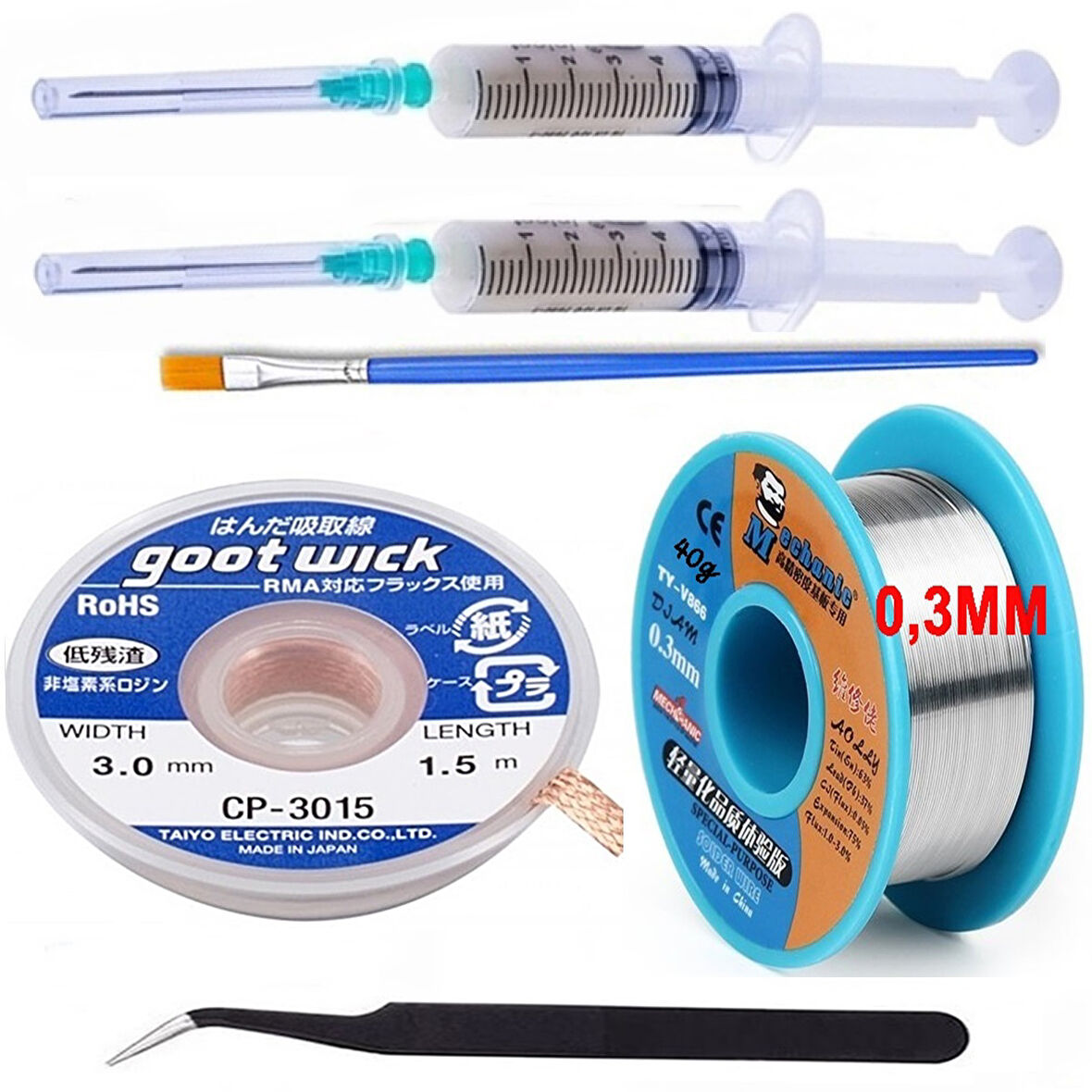ALTILI Set Flux,lehim Emme Tel 3,0mm Ve Lehim Teli Soldering 63sn/37pb Flux %1-3 40gr 0,3mm EĞİK