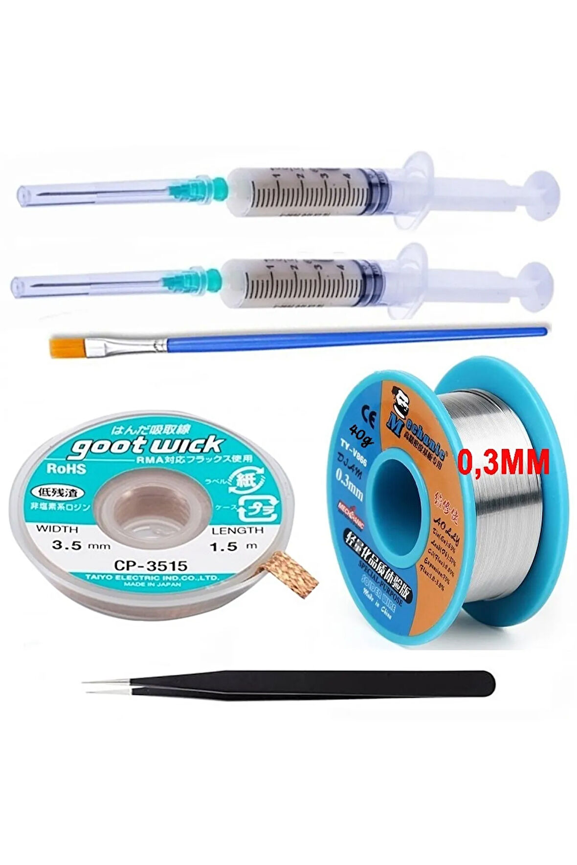 Mechanic Lehim Noclean SN63/PB37 40G 0,3mm Lehim Toplama CP-3515 Emme Teli 3,5mm 6lı Set1 Düz