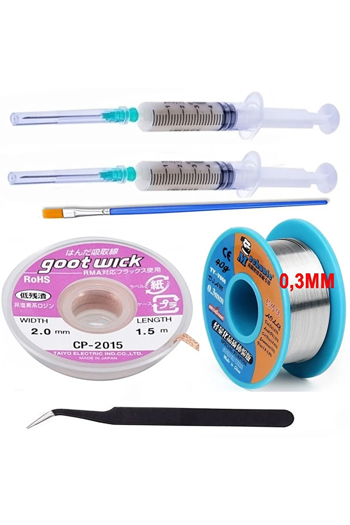 Mechanic Lehim Noclean SN63/PB37 40G 0,3mm Lehim Toplama CP-2015 Emme Teli 2,0mm 6lı Set2 Eğik
