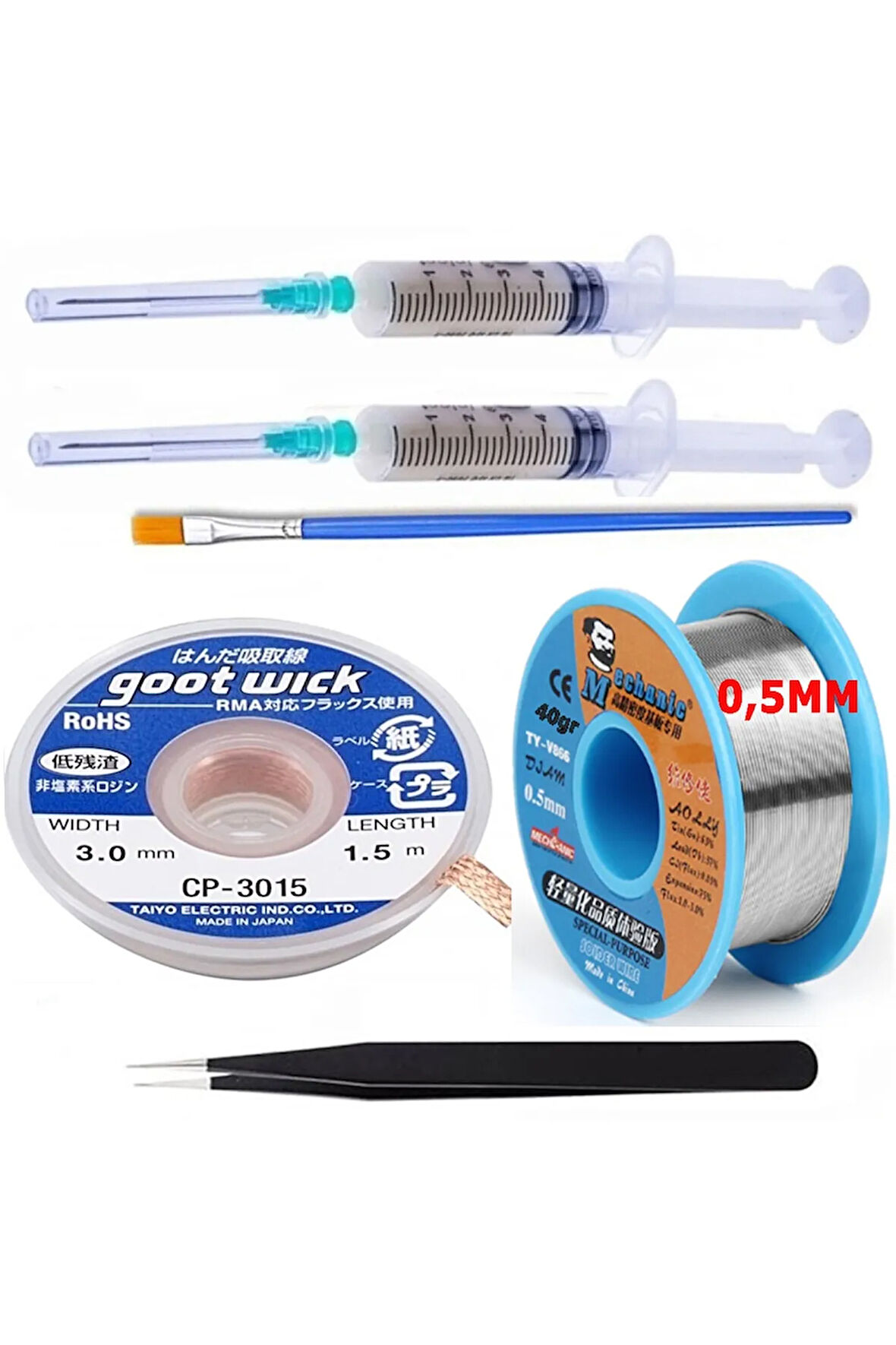 Mechanic Lehim Noclean SN63/PB37 40G 0,5mm Lehim Toplama CP-3015 Emme Teli 3,0mm 6lı Set1 Düz