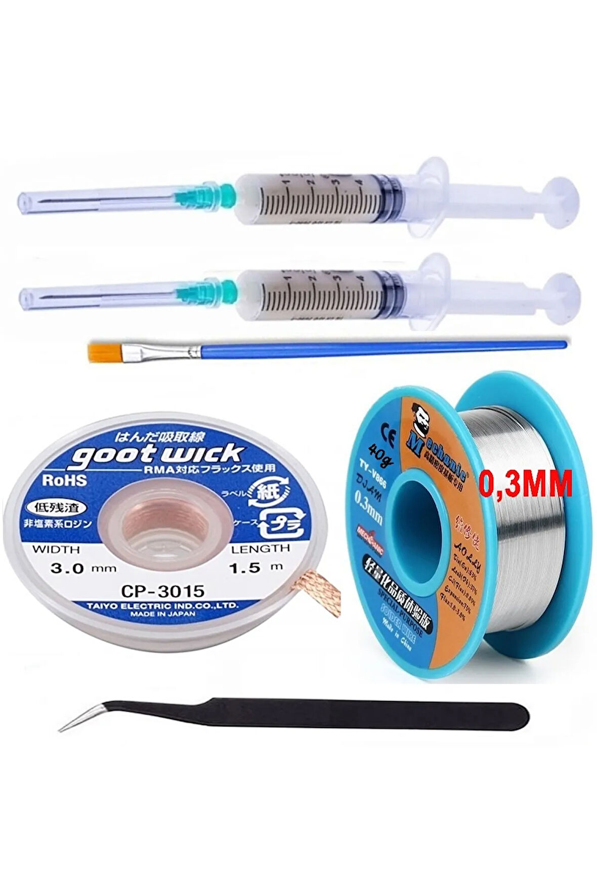Mechanic Lehim Teli 63SN/37PB Uyumlu Flux %1-3 40GR 03MM, CP3015-3,0  Set1 Eğik Cımbız 6in1 Arada