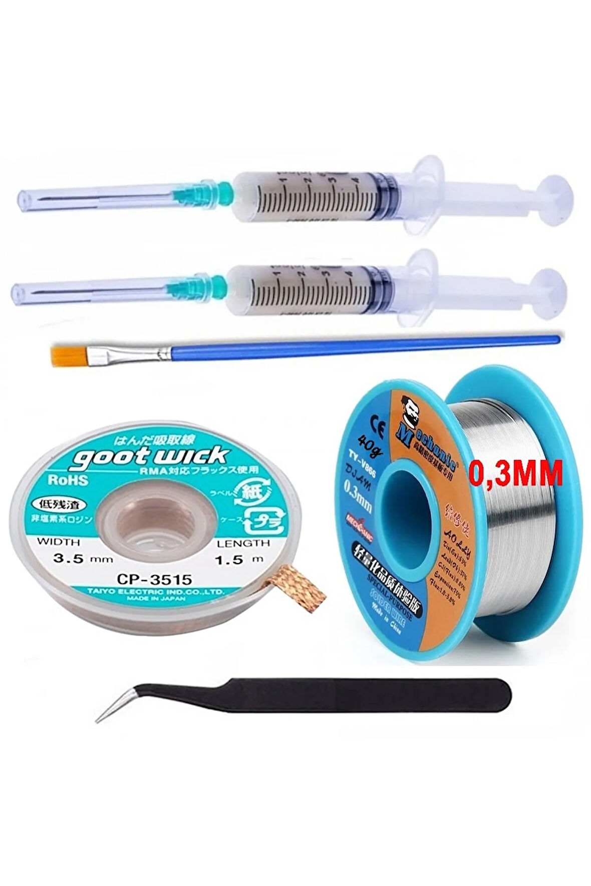 Mechanic Lehim Teli 63SN/37PB Uyumlu Flux %1-3 40GR 03MM, CP3515-3,5  Set1 Eğik Cımbız 6in1 Arada