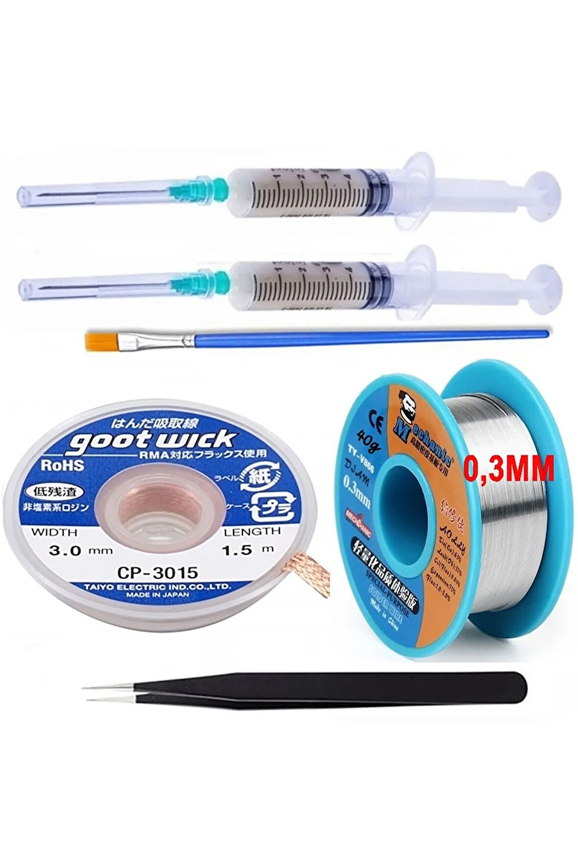 Mechanic Lehim Teli 63SN/37PB Uyumlu Flux %1-3 40GR 03MM, CP3015-3,0  Set2 Düz Cımbız 6in1 Arada