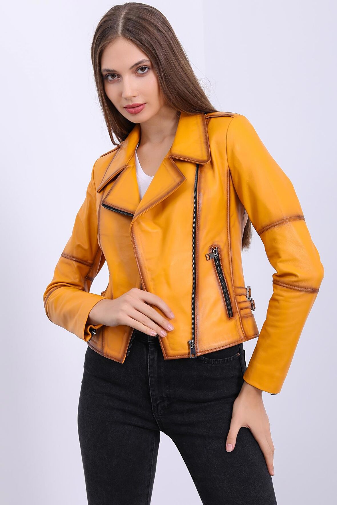 Kadın Hakiki Deri Biker Vintage Mont
