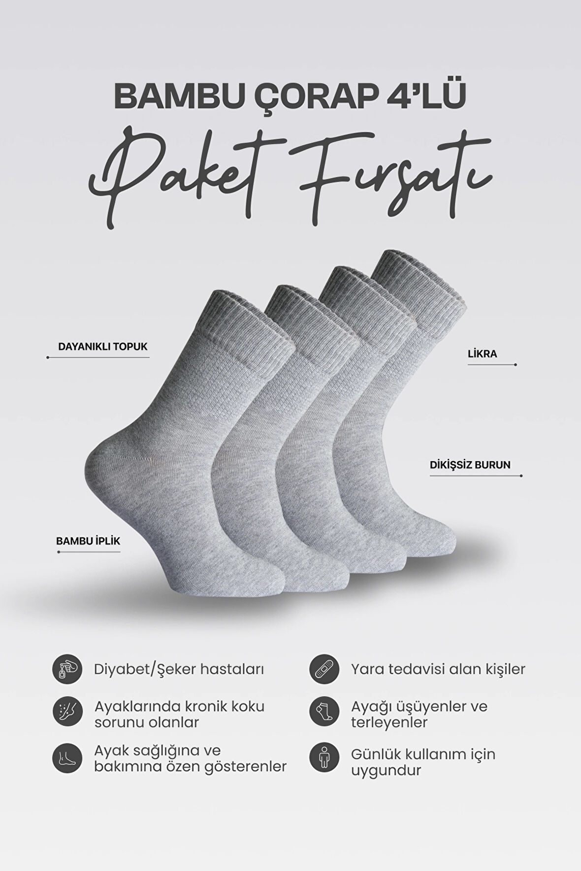 Nova Socks Kadın 4'lü Bambu Lastiksiz Sıkmayan Diyabetik Bilek Çorap