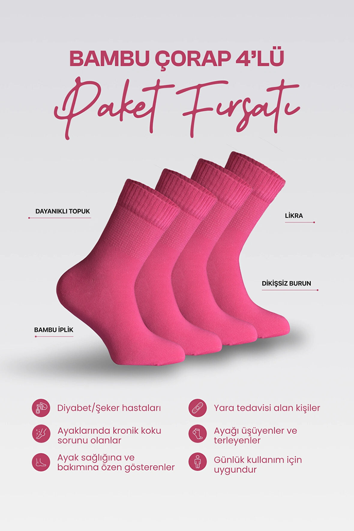 Nova Socks Kadın 4'lü Bambu Lastiksiz Sıkmayan Diyabetik Bilek Çorap