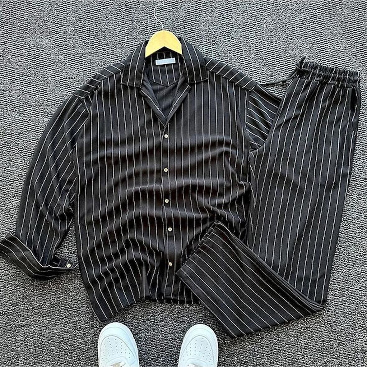 Alaçatı Stili Unisex Krep Kumaş Çizgili Gömlek ve Pantolon Takım