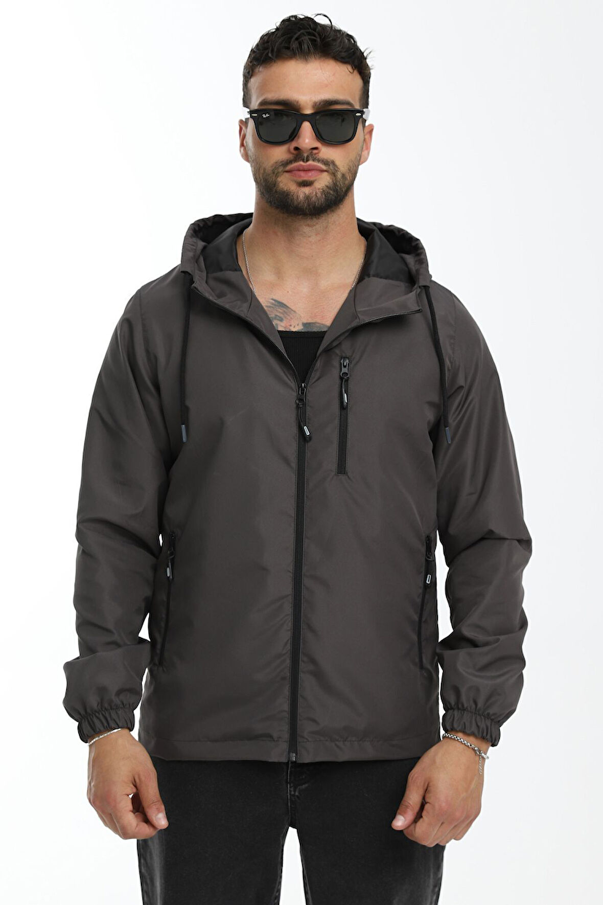 Erkek Antrasit Astarlı Rüzgara Dayanıklı Kapüşonlu Cepli Yağmurluk | M