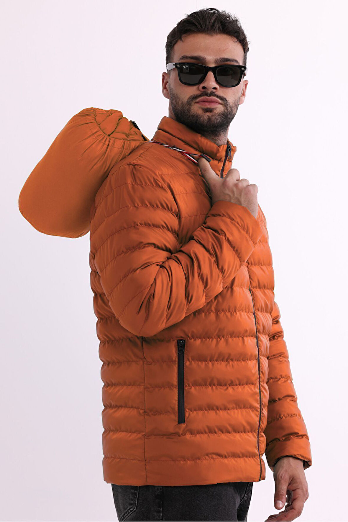 Erkek Rüzgar Geçirmez Taşınabilir Çantalı Sıcak Tutan Elyaf Dolgulu Hafif Şişme Kiremit Mont | XL