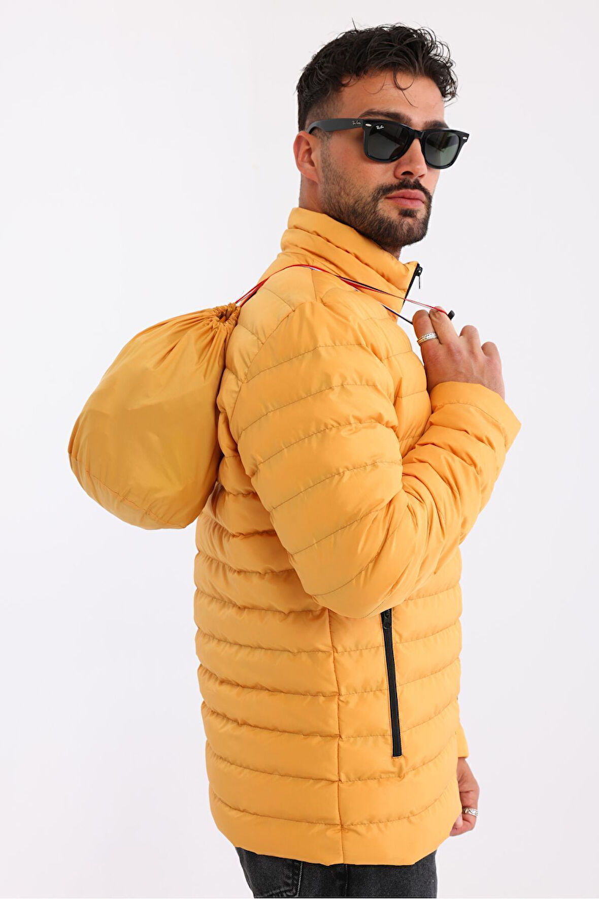 Erkek Rüzgar Geçirmez Taşınabilir Çantalı Sıcak Tutan Elyaf Dolgulu Hafif Şişme Sarı Mont | 2XL