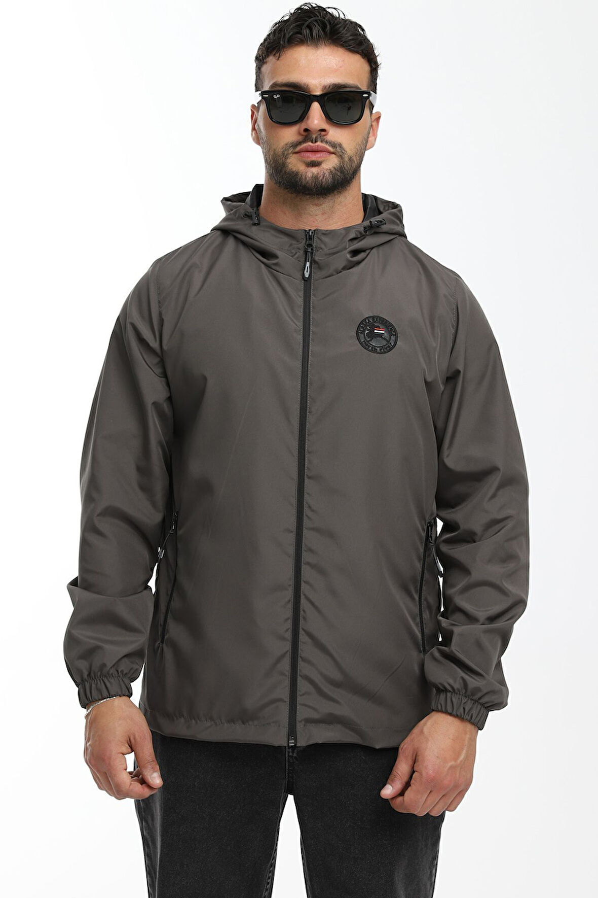 Erkek Astarlı Rüzgara Dayanıklı Kapüşonlu Antrasit Yağmurluk - Rüzgarlık | M