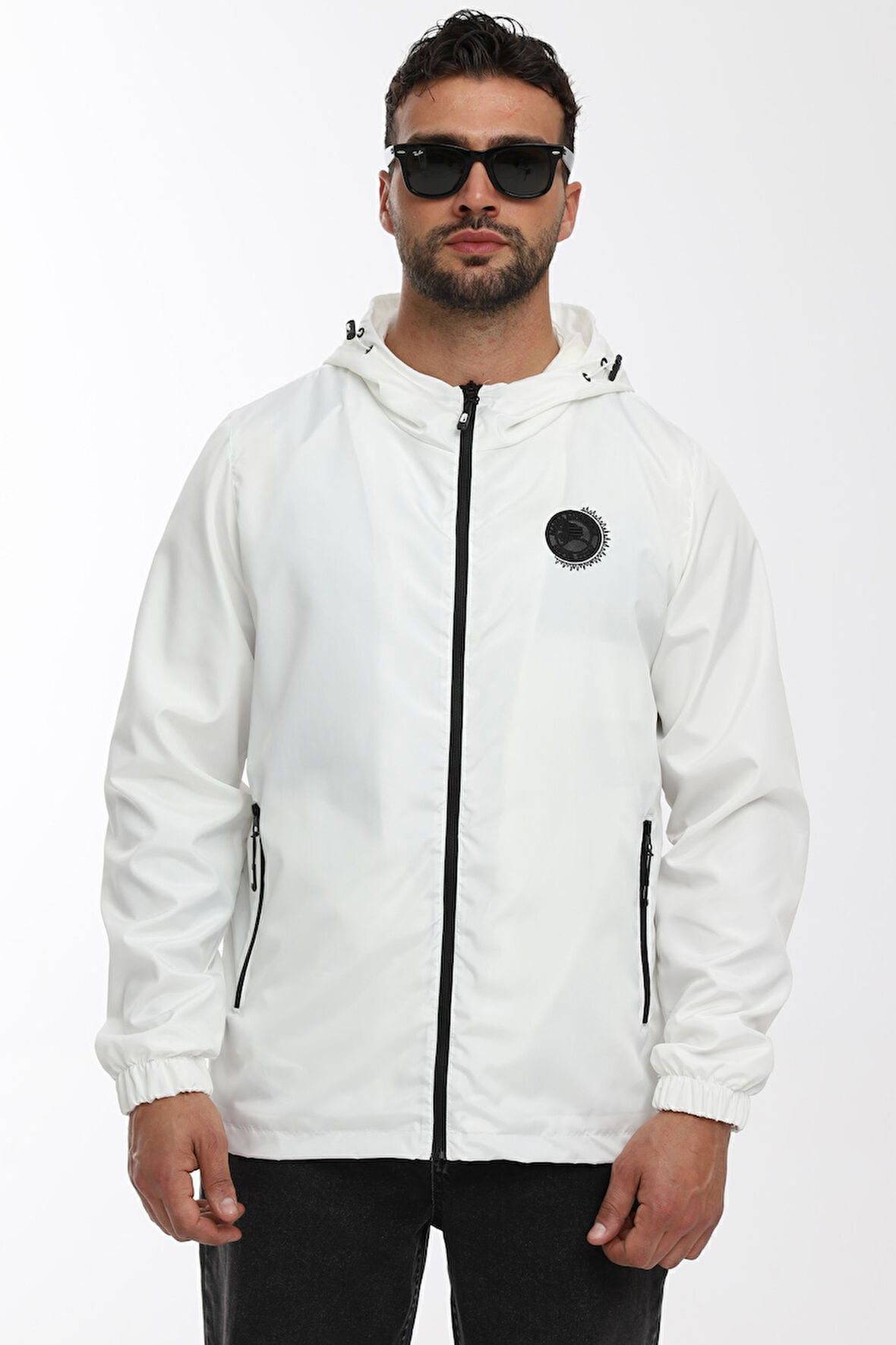 Erkek Astarlı Rüzgara Dayanıklı Kapüşonlu Beyaz Yağmurluk - Rüzgarlık | 3XL