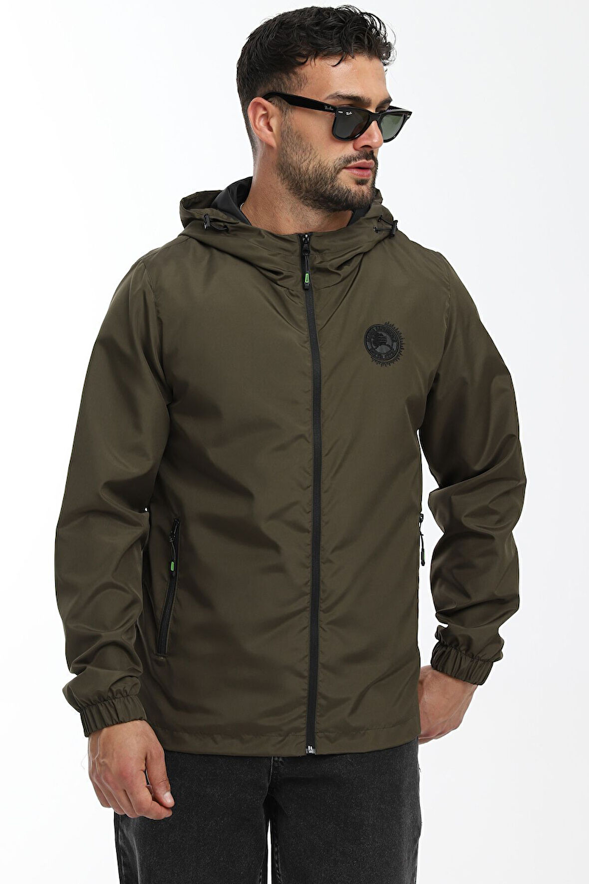 Erkek Astarlı Rüzgara Dayanıklı Kapüşonlu Haki Yağmurluk - Rüzgarlık | 3XL