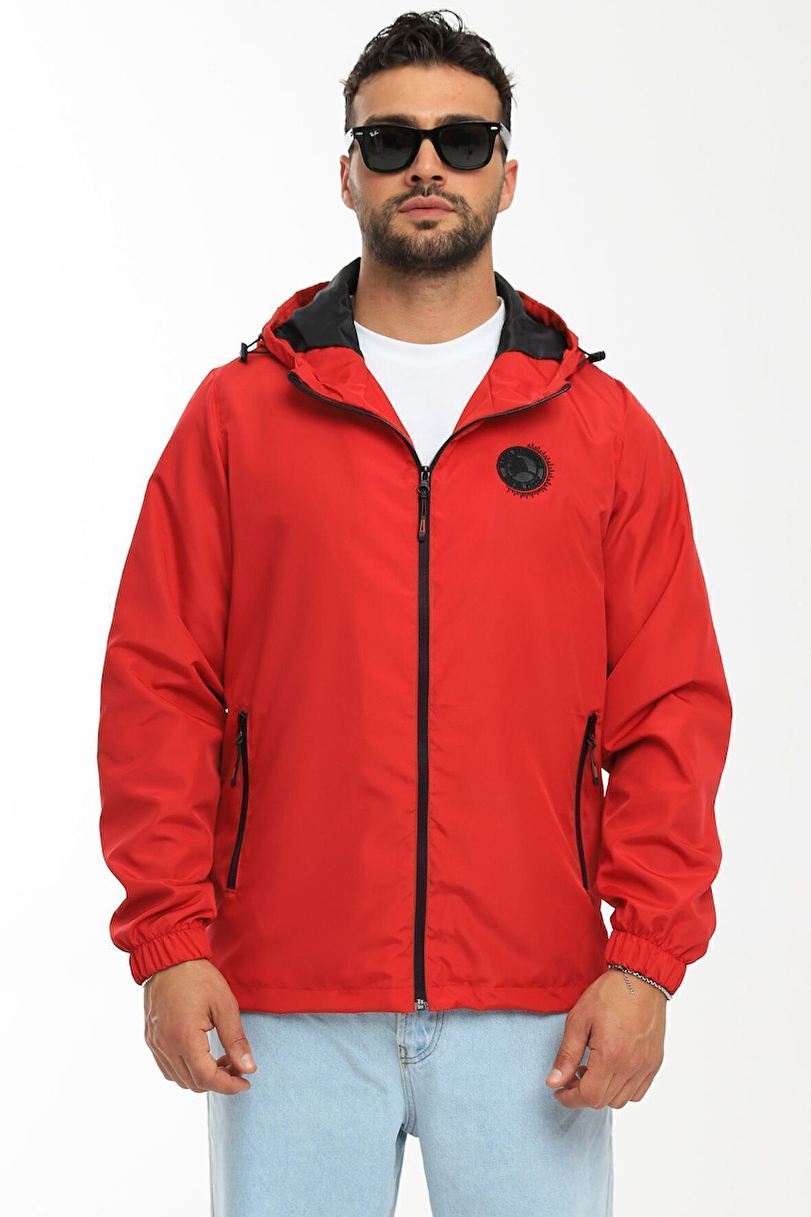 Erkek Astarlı Rüzgara Dayanıklı Kapüşonlu Kırmızı Yağmurluk - Rüzgarlık | 2XL