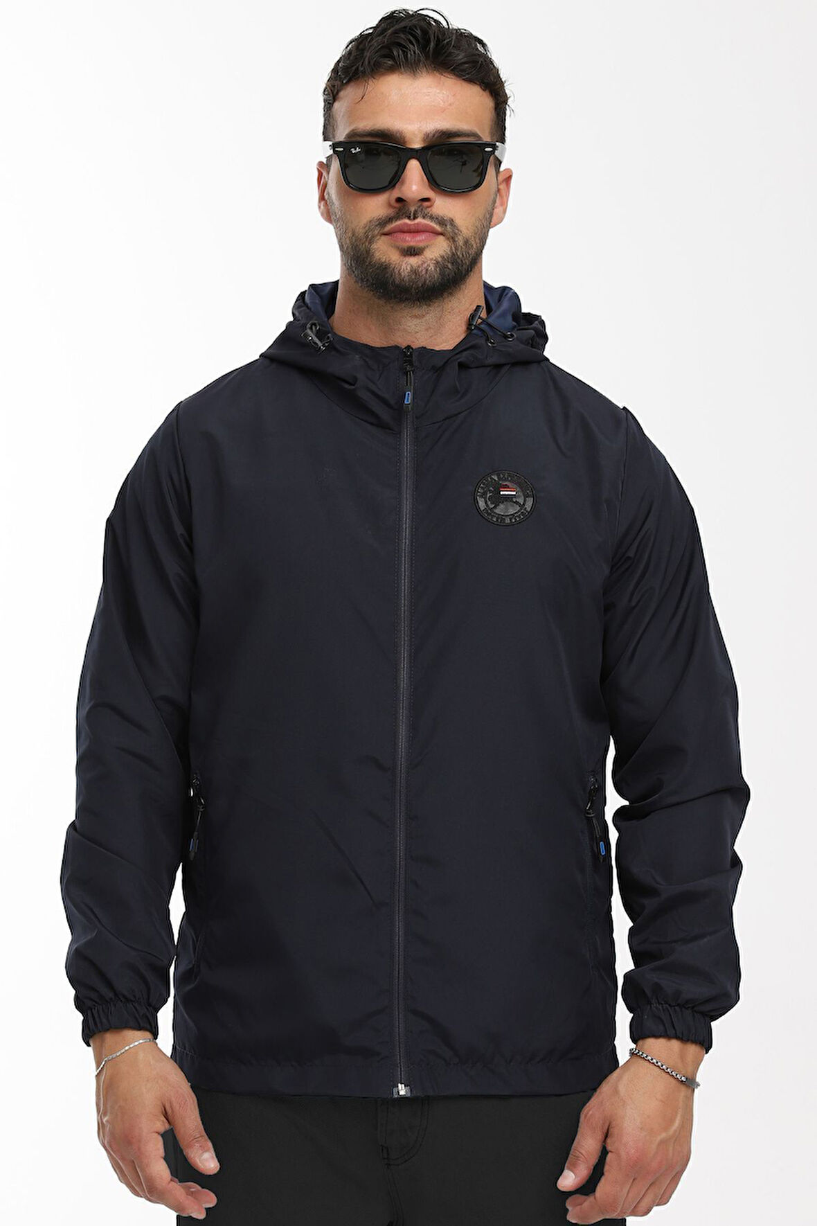 Erkek Astarlı Rüzgara Dayanıklı Kapüşonlu Lacivert Yağmurluk - Rüzgarlık | 3XL