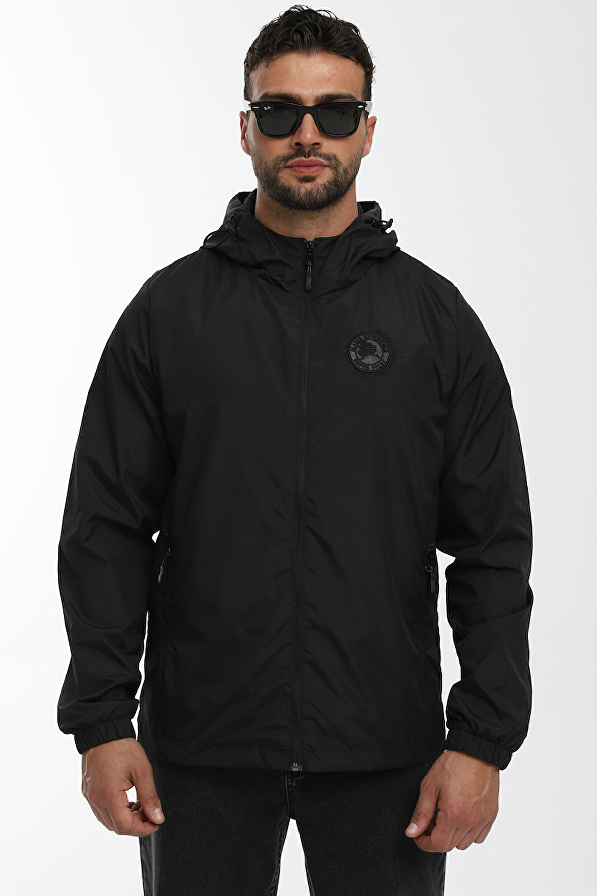 Erkek Astarlı Rüzgara Dayanıklı Kapüşonlu Siyah Yağmurluk - Rüzgarlık | 3XL