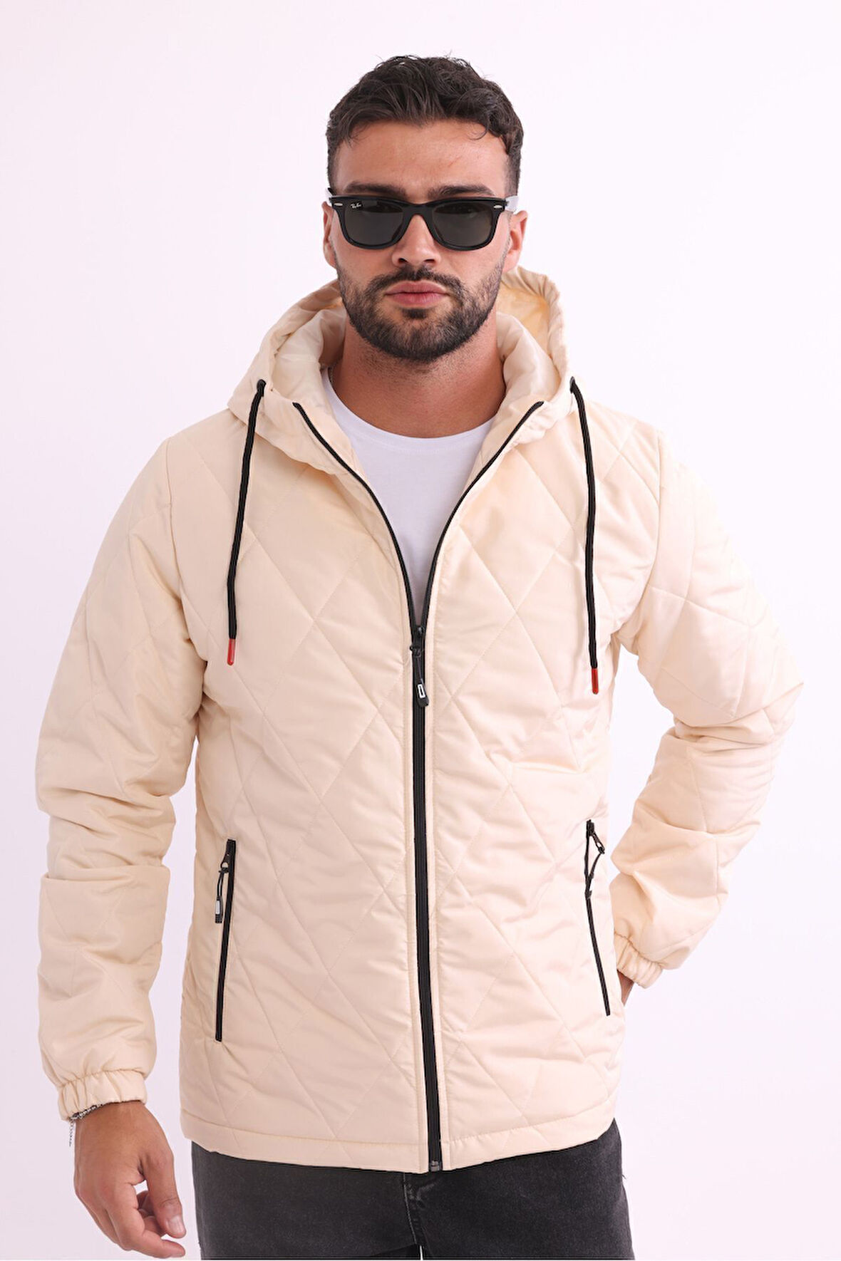 Erkek Bej Içi Astarlı Rüzgara Dayanıklı Kapüşonlu Mont | 3XL