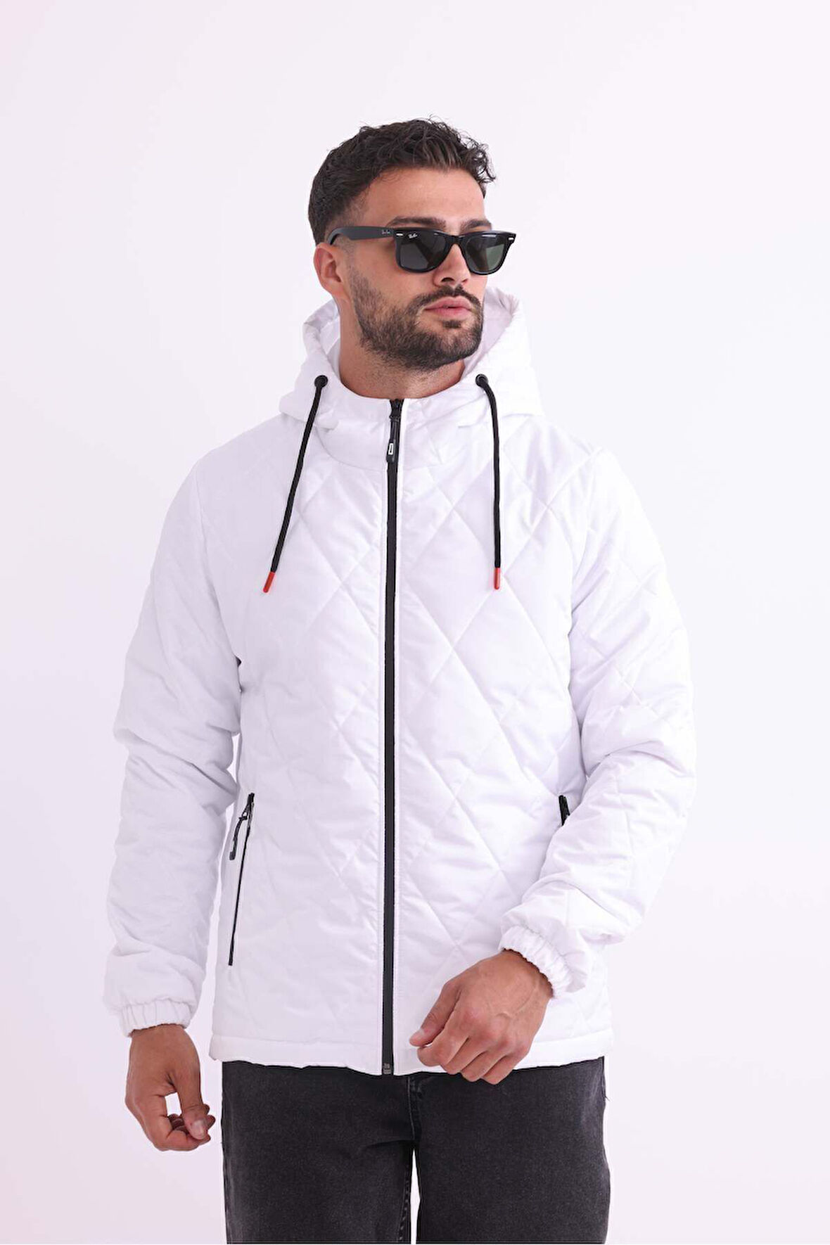 Erkek Beyaz Astarlı Rüzgara Dayanıklı Kapüşonlu Mont | 2XL