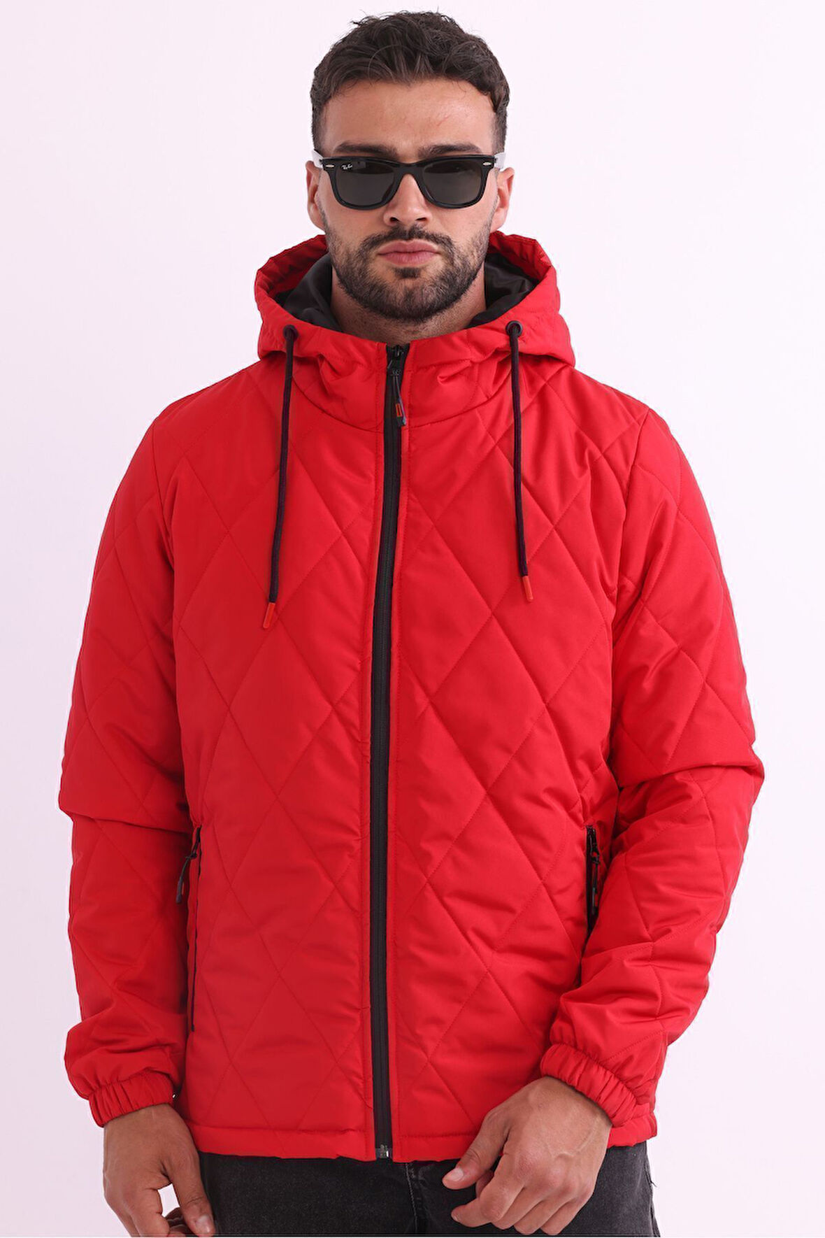 Erkek Kırmızı Astarlı Rüzgara Dayanıklı Kapüşonlu Mont | 3XL