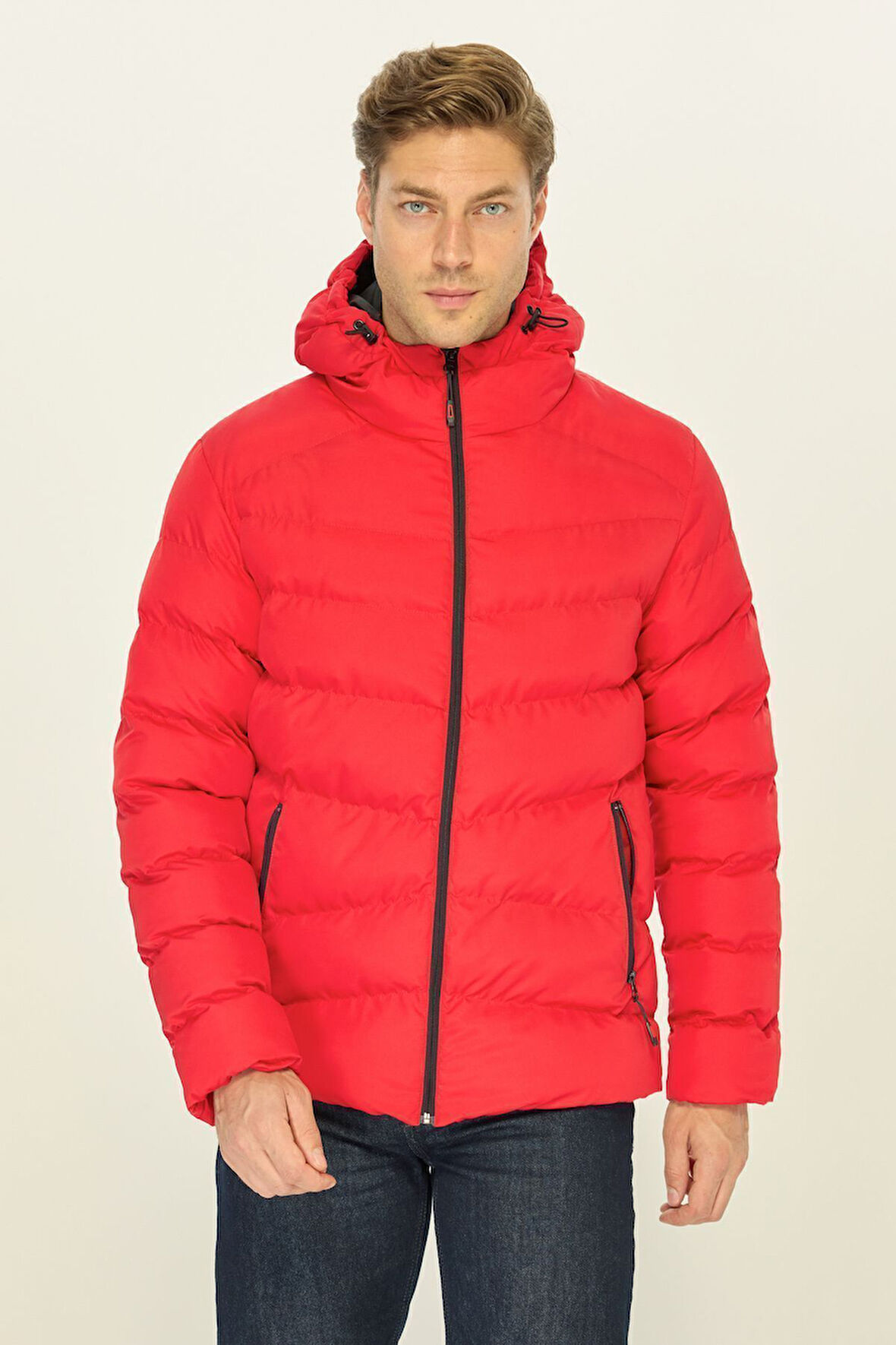 Erkek Kırmızı Elyaflı Kapüşonlu Rüzgar Geçirmez Şişme Kışlık Mont | 3XL