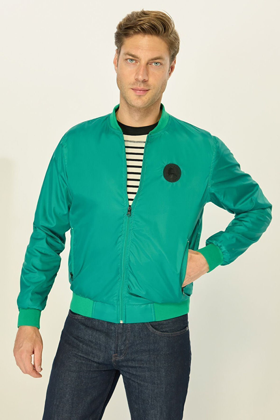 Erkek Yeşil Kolej Yaka Rüzgara Dayanıklı Mevsimlik Spor Mont | 3XL