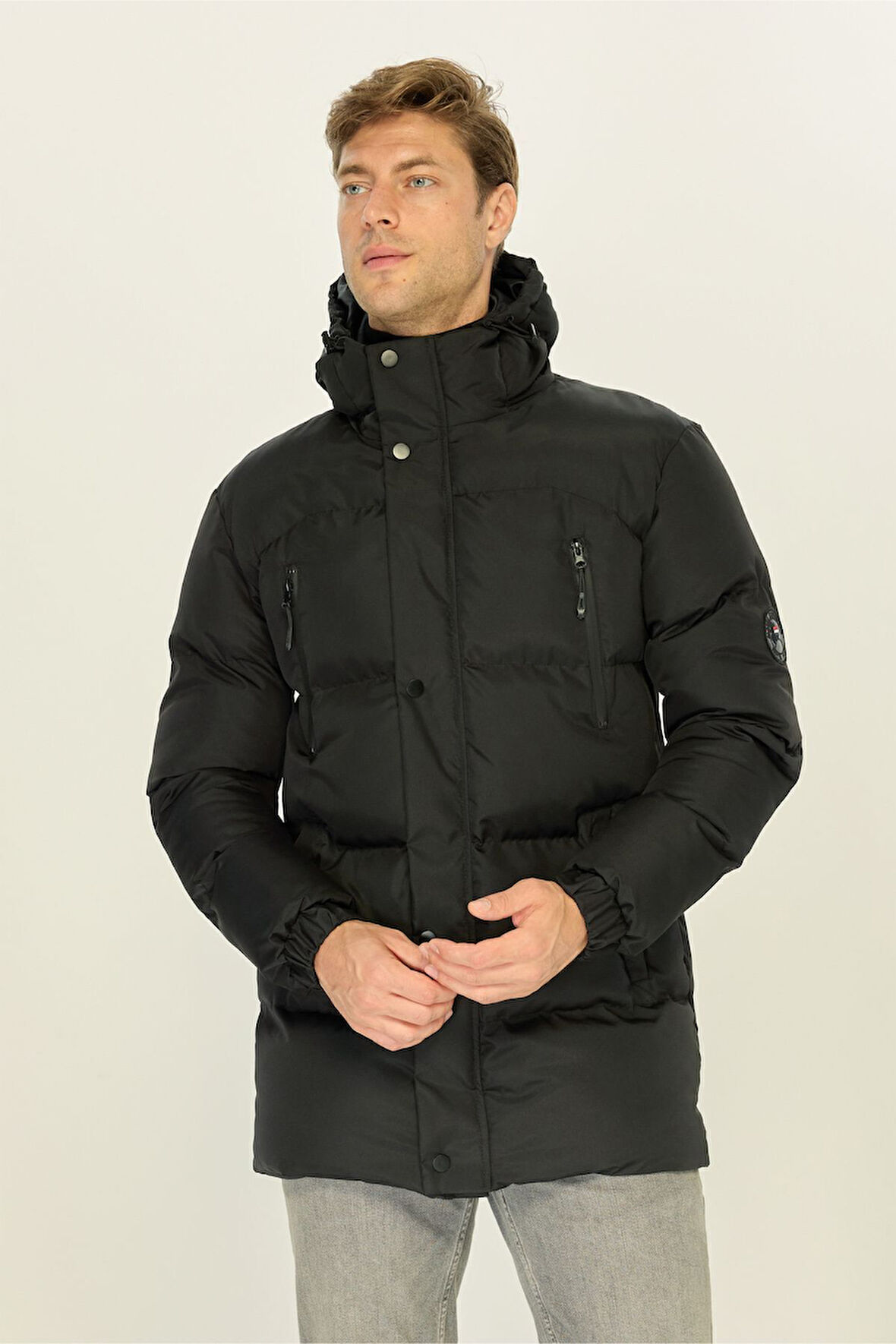 Erkek Siyah Kapüşonlu Şişme Elyaf Dolgulu Uzun Kışlık Rüzgar Geçirmez Mont Parka Kaban | 3XL