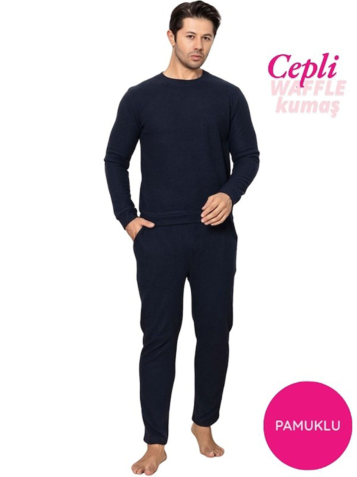 Erkek Bisiklet Yaka Düğmesiz Kışlık Waffle Pamuklu Kumaş Uzun Manşetli Kol Cepli Pijama Takımı 