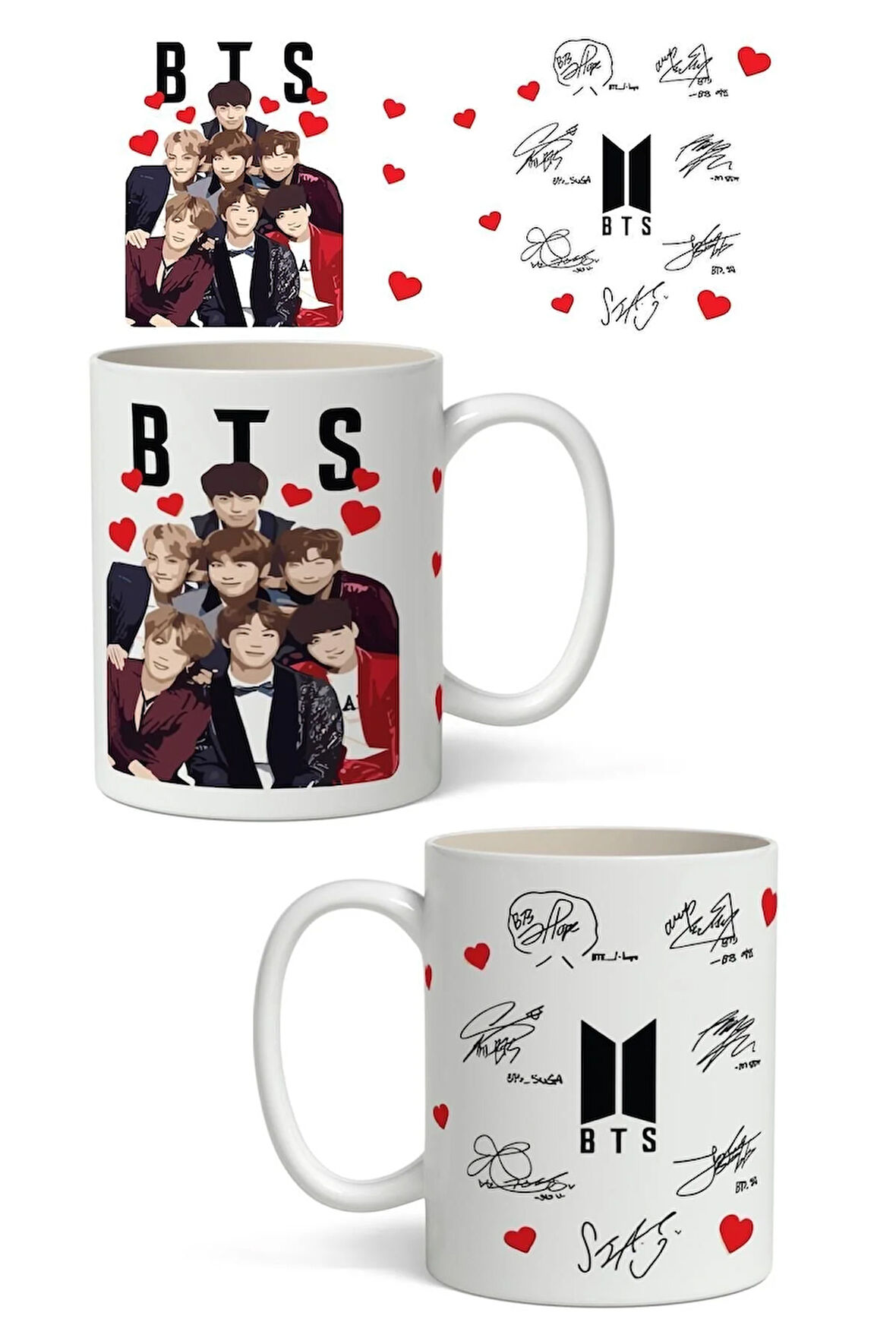 BTS ve BTS İmza Tasarımlı Baskılı Kupa Bardak - Arkadaşa Sevgiliye Hediye Kupa Bardak