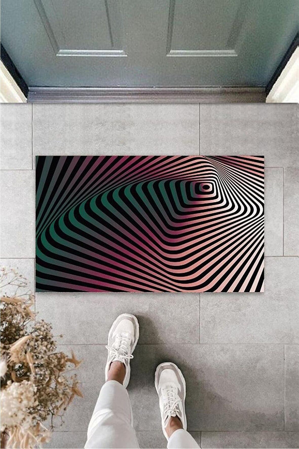 Dekoratif Dijital 3D Spiral Siyah-Pembe Kapı Paspası Dış Mekan Paspas