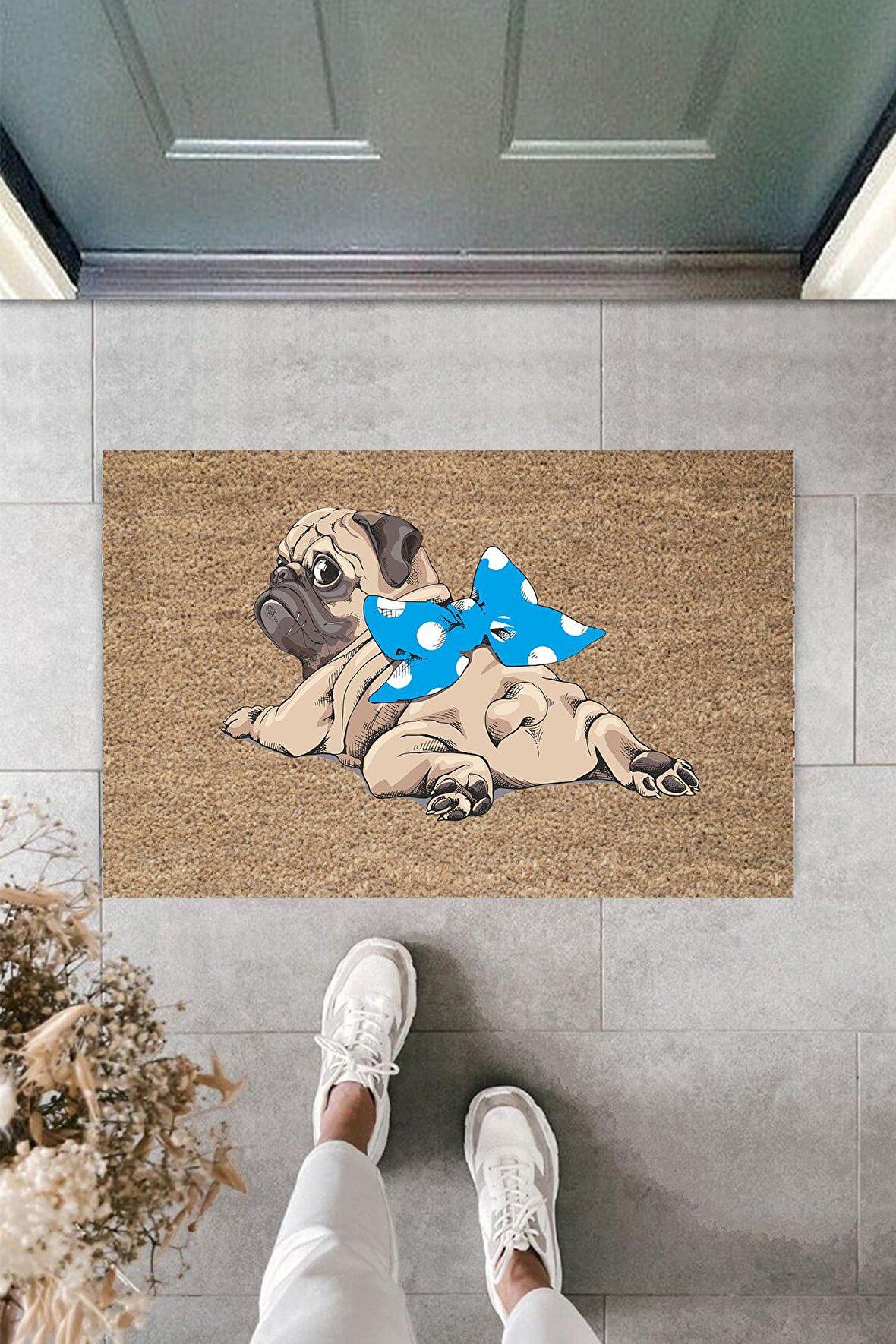 Çok Amaçlı Dijital Baskı Kahverenk Mavi Kurdelili pug İç ve Dış Mekan Kapı Paspası