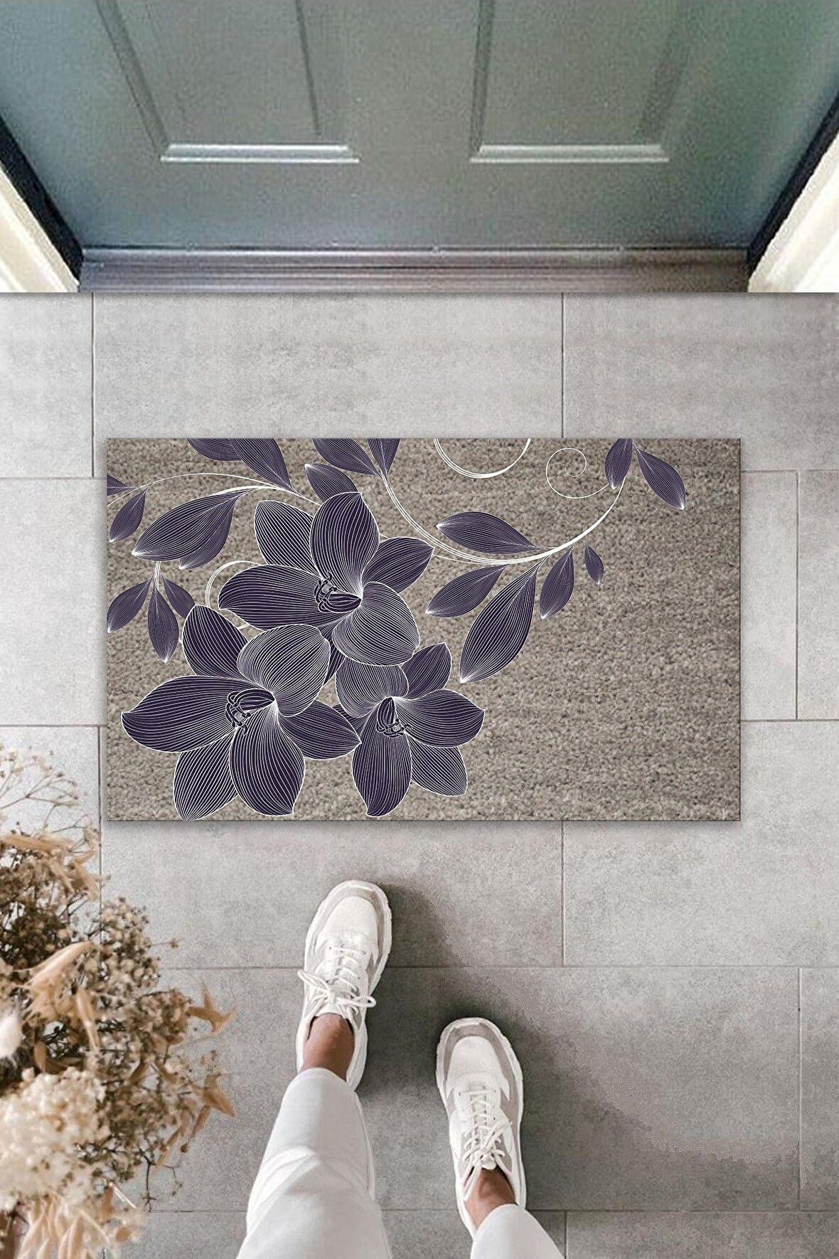 Çok Amaçlı Dekoratif Dijital Baskı Gri Zambak Dış Mekan Paspas