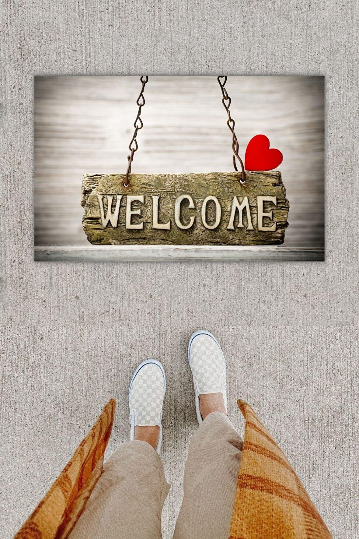 Dijital Baskı Dekoratif Welcome Gri Kapı Önü Paspası