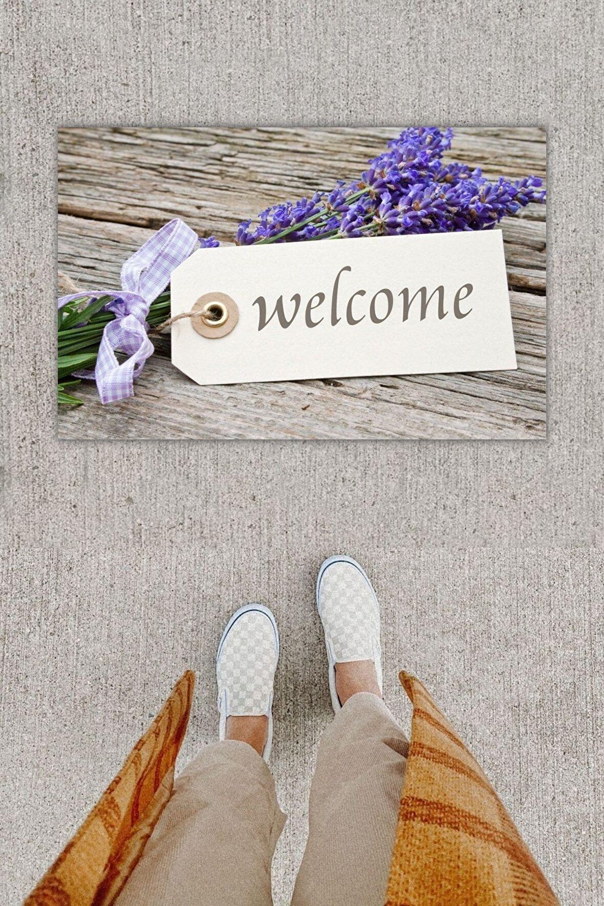 Dijital Baskı Dekoratif Welcome Bej Kapı Önü Paspası