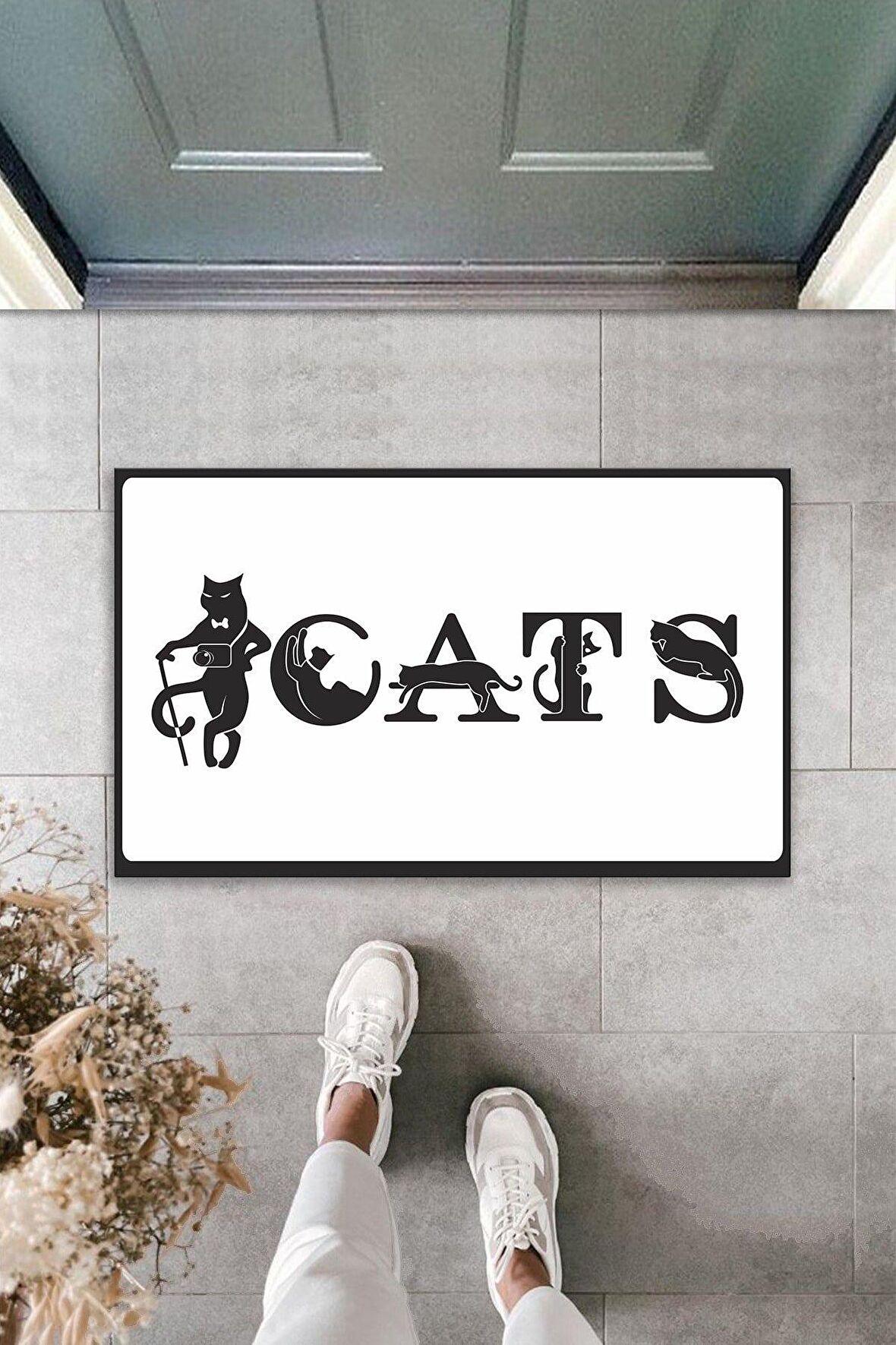 Dijital Baskı Kalitesi  Beyaz Kedilerle Bezenmiş Cats Yazılı  Dekoratif Kapı  Paspası