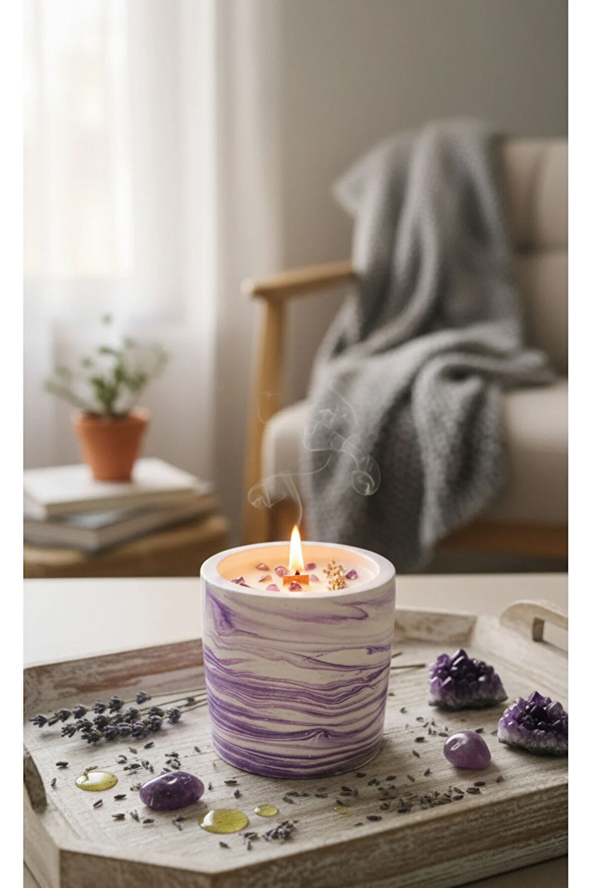 %100 Soya Wax Lavanta Kokulu Dekoratif Beton Aromaterapi Mum – Amestist Taşlı & Lavanta Otlu