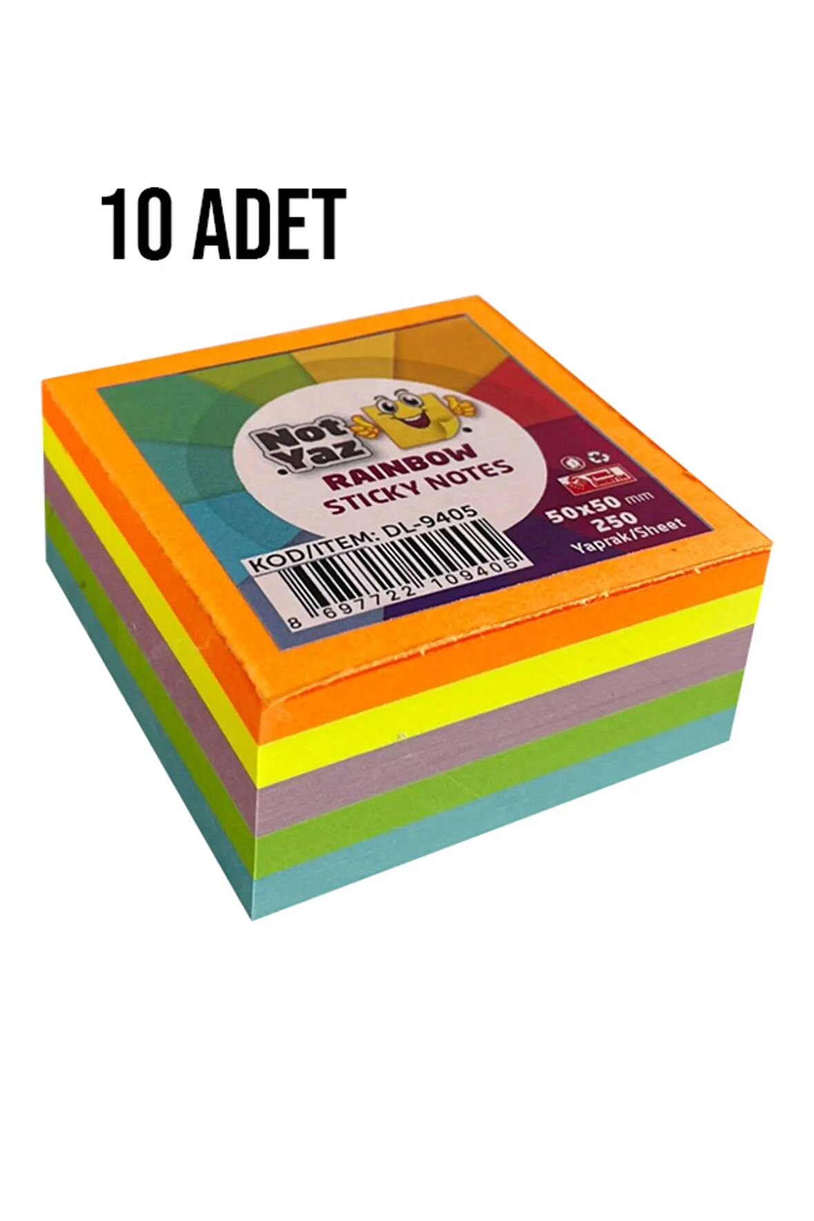 NotYaz 50x50 250 Yaprak 5 Renk Rainbow Yapışkanlı Not Kağıdı 10 Adet