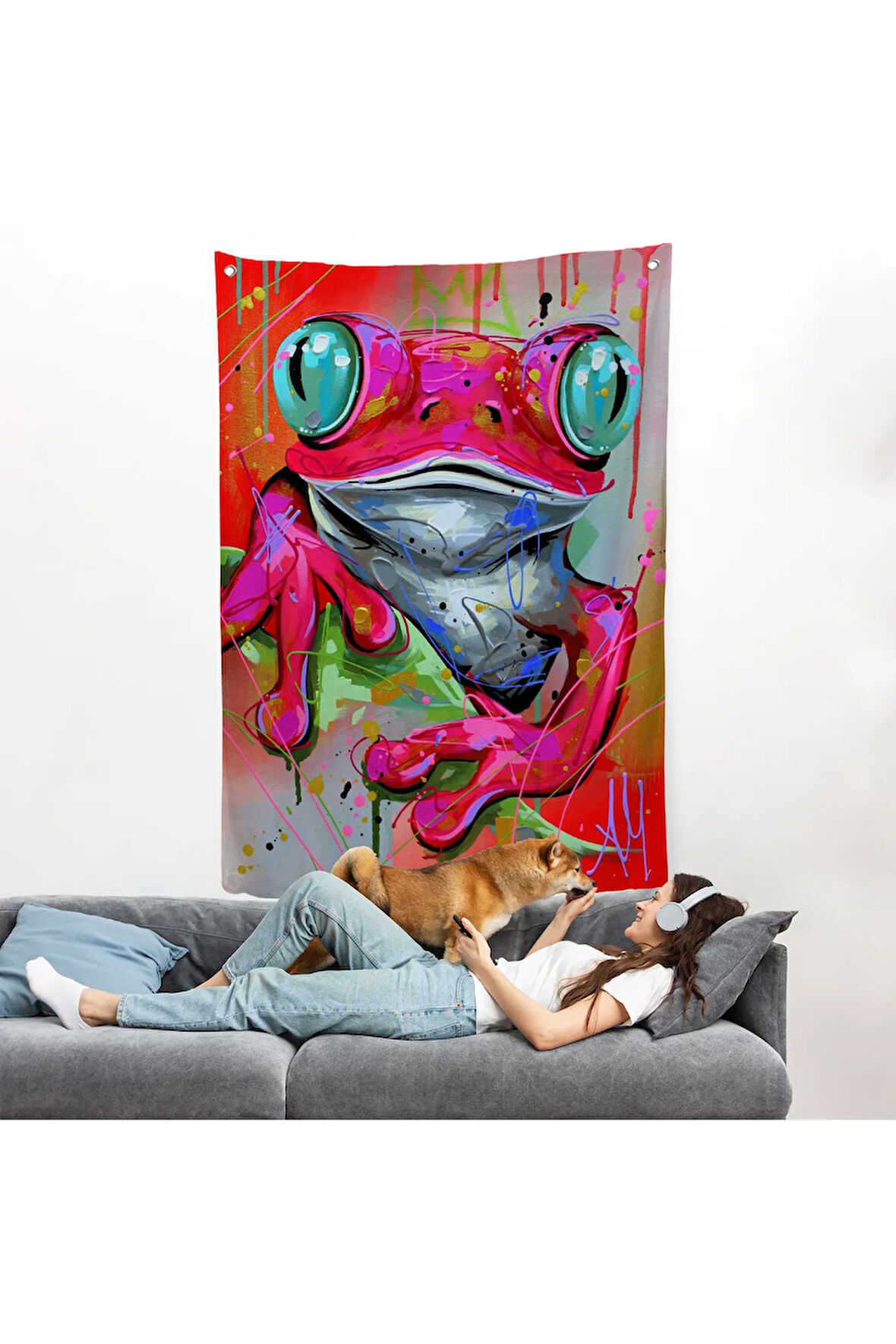 Sevimli Pembe Kurbağa Duvar Örtüsü-7838