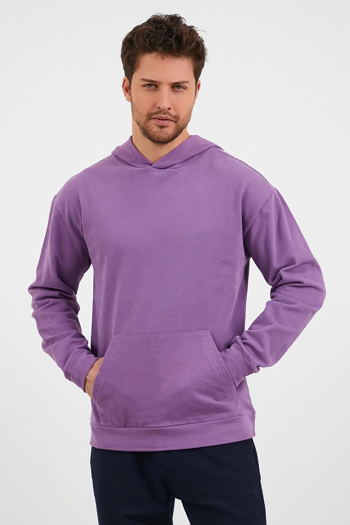 Erkek Kanguru Cepli Rahat Kalıp Kapüşonlu Spor Sweatshirt Mor