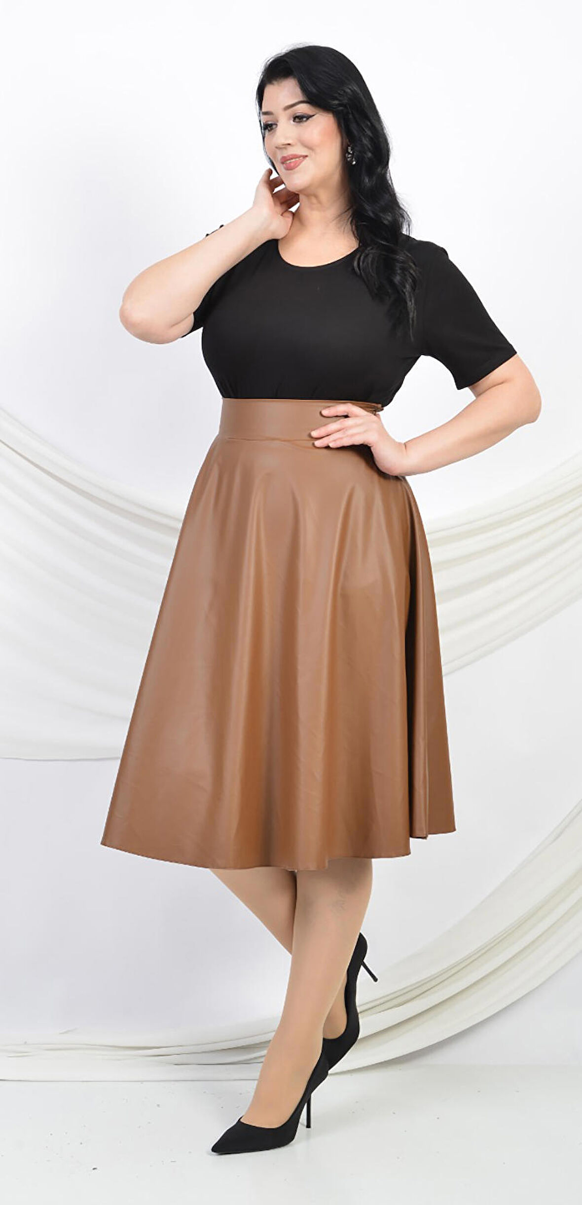 SORALLİNE KADIN KLOŞ ETEK 70 CM BOYUNDA 783 SUNİ DERİ TABA