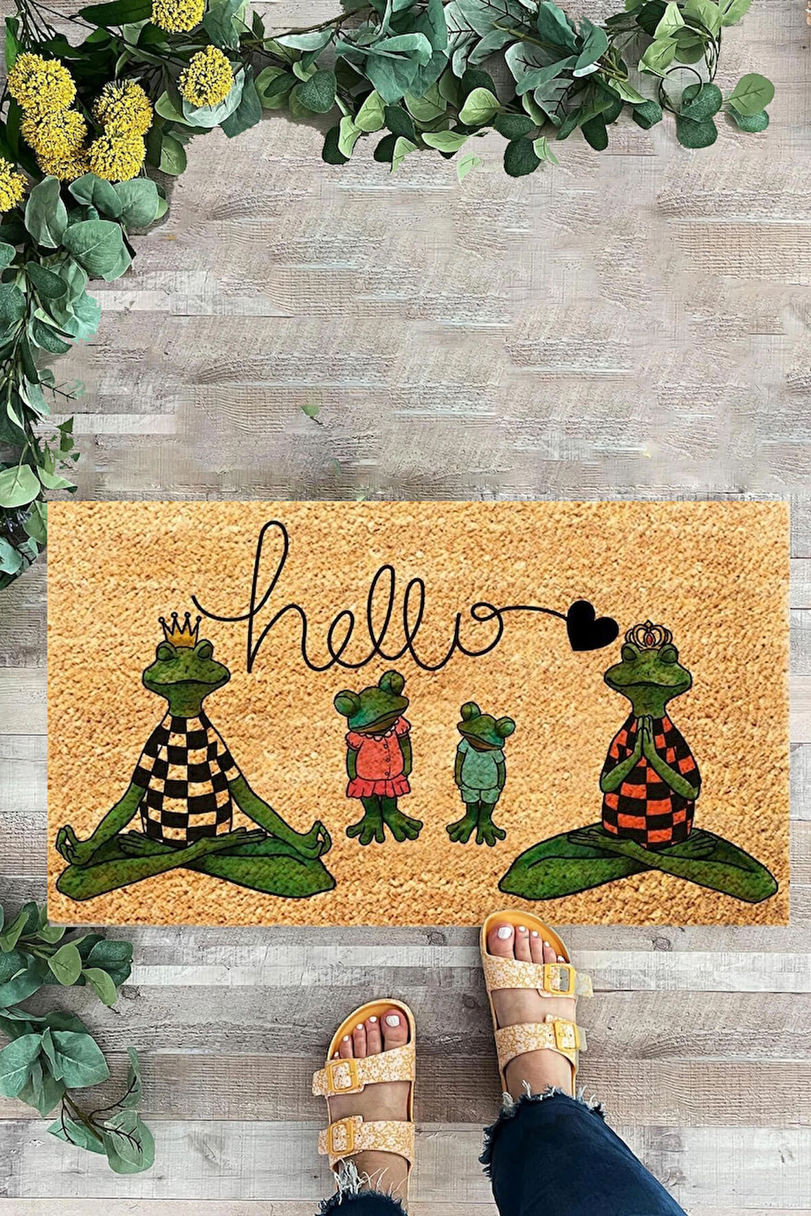 Kurbağa Deseni, Hello, Welcome, Kapı Önü Paspası, Dijital Baskı Paspas