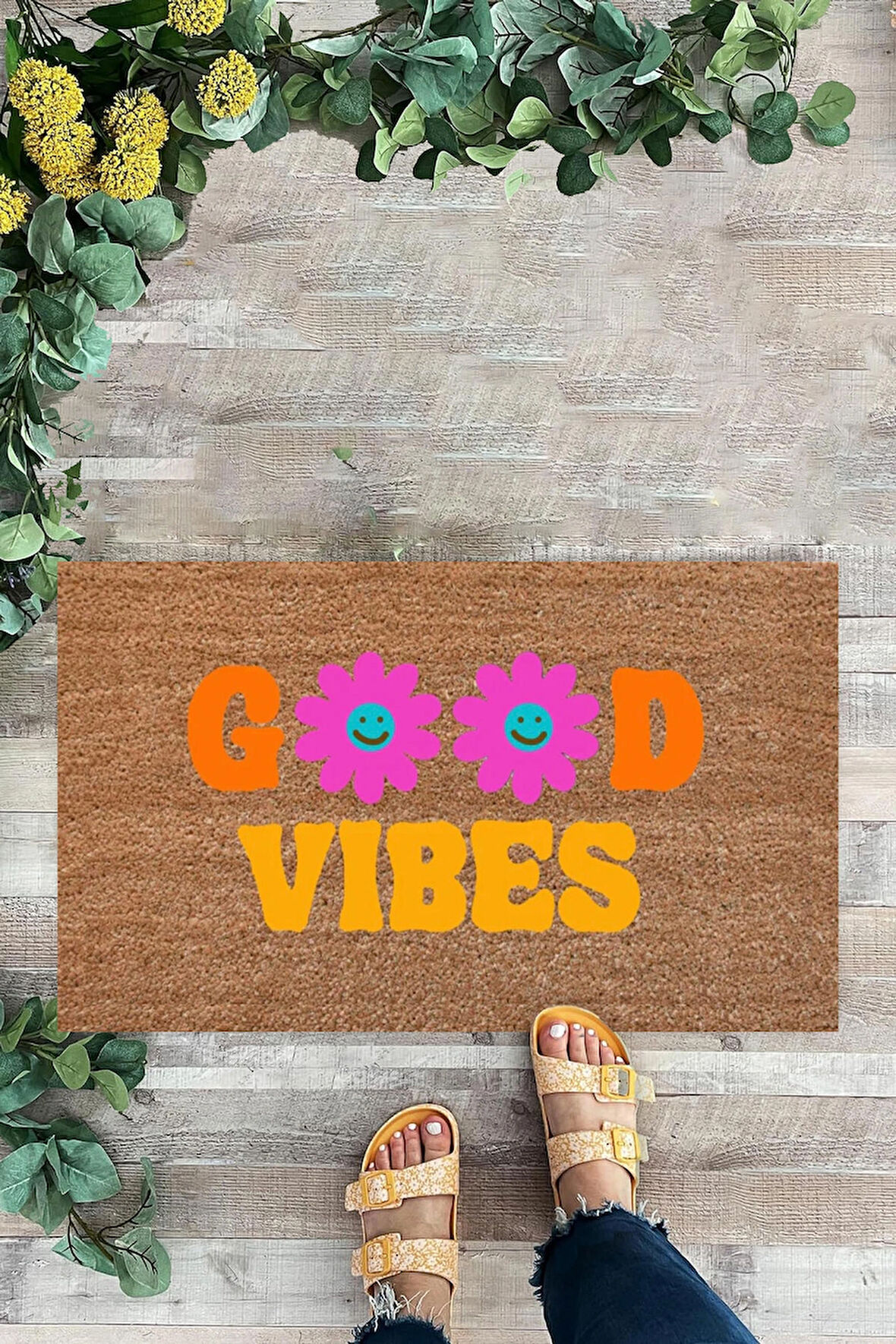 Good Vibes, Renkli Çiçekler, Kapı Önü Paspası, Dijital Baskı Paspas, Dekoratif Paspas