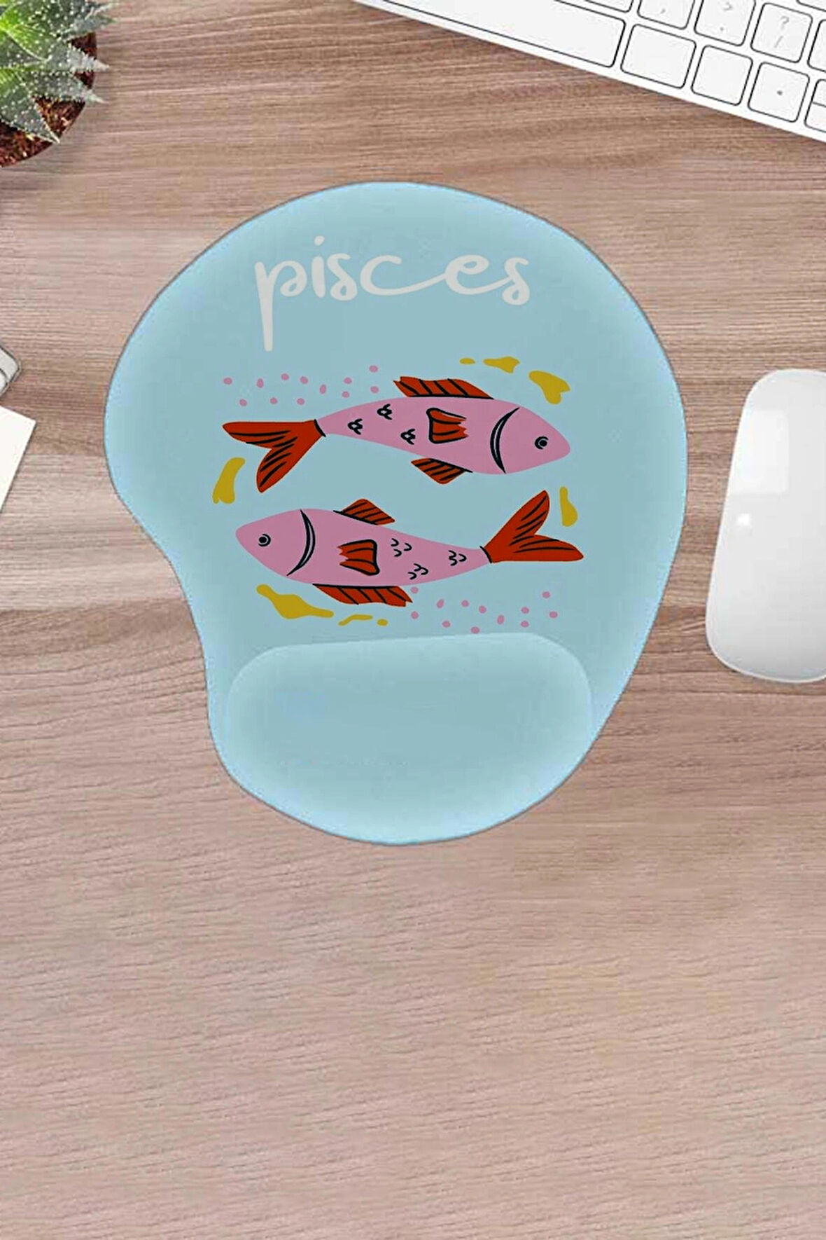 Damla, Mavi, Pisces, Balık Burcu Deseni, Burç Sembolü, Bilek Destekli Konforlu Mousepad