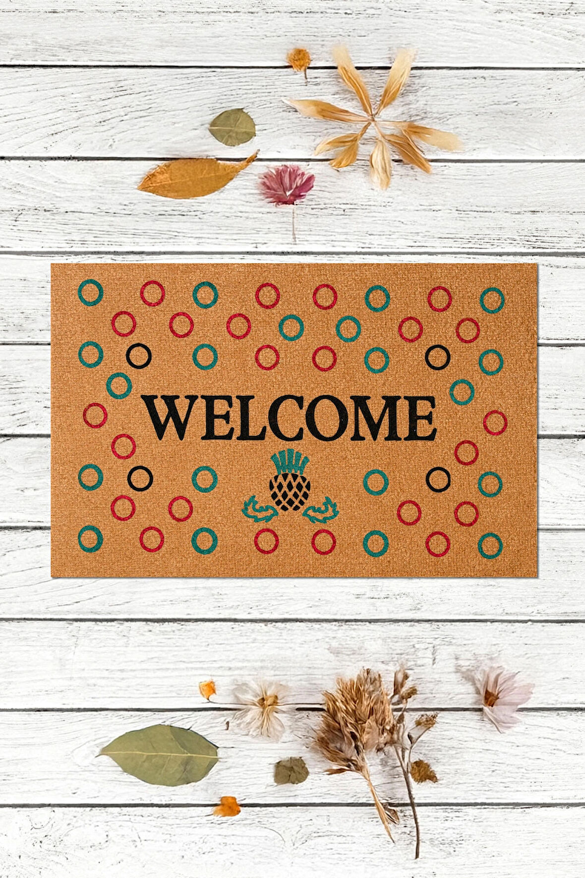 Renkli Halkalar, Welcome, Pineapple, Ananas Deseni, Kapı Önü Paspası, Ev Eşyası, Dayanıklı Dış Kapı Paspası