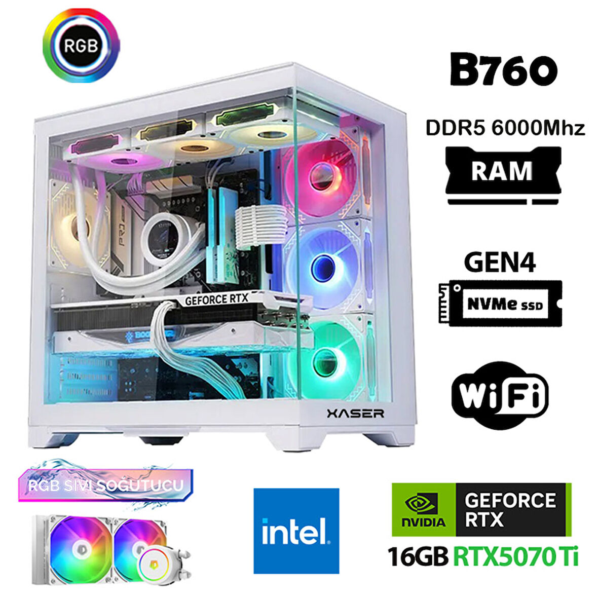 Xaser Velox X340 i7 12700KF 32GB DDR5 Ram 1TB M.2 NVMe SSD 16GB RTX5070Ti Masaüstü Oyuncu Bilgisayarı