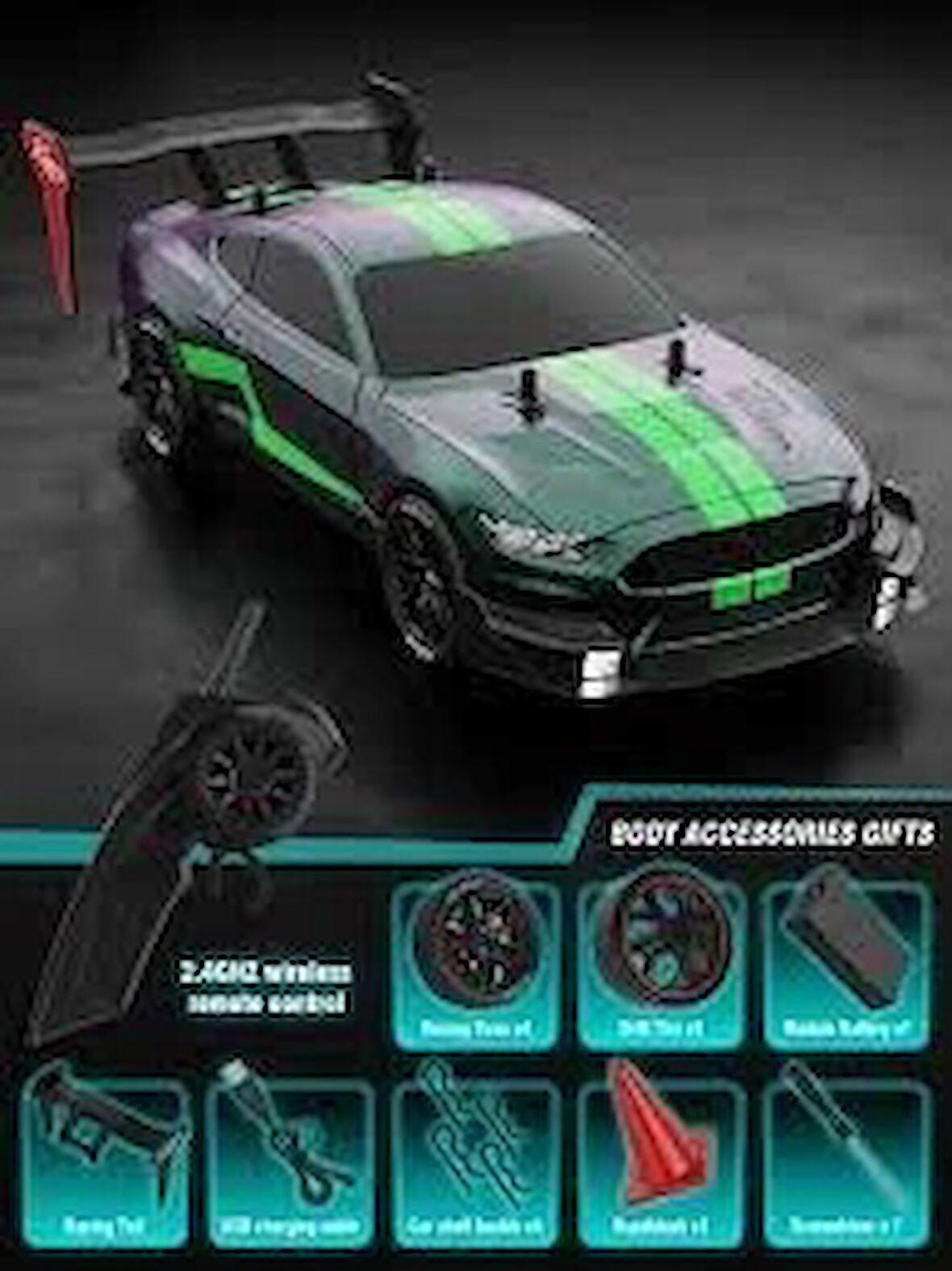 1:14 Hızlı Drift Şarjlı Neon Yeşil 4x4 RC Uzaktan kumandalı Yarış Aracı 25-30 Km/s Hızında Hediyelik Oyuncak