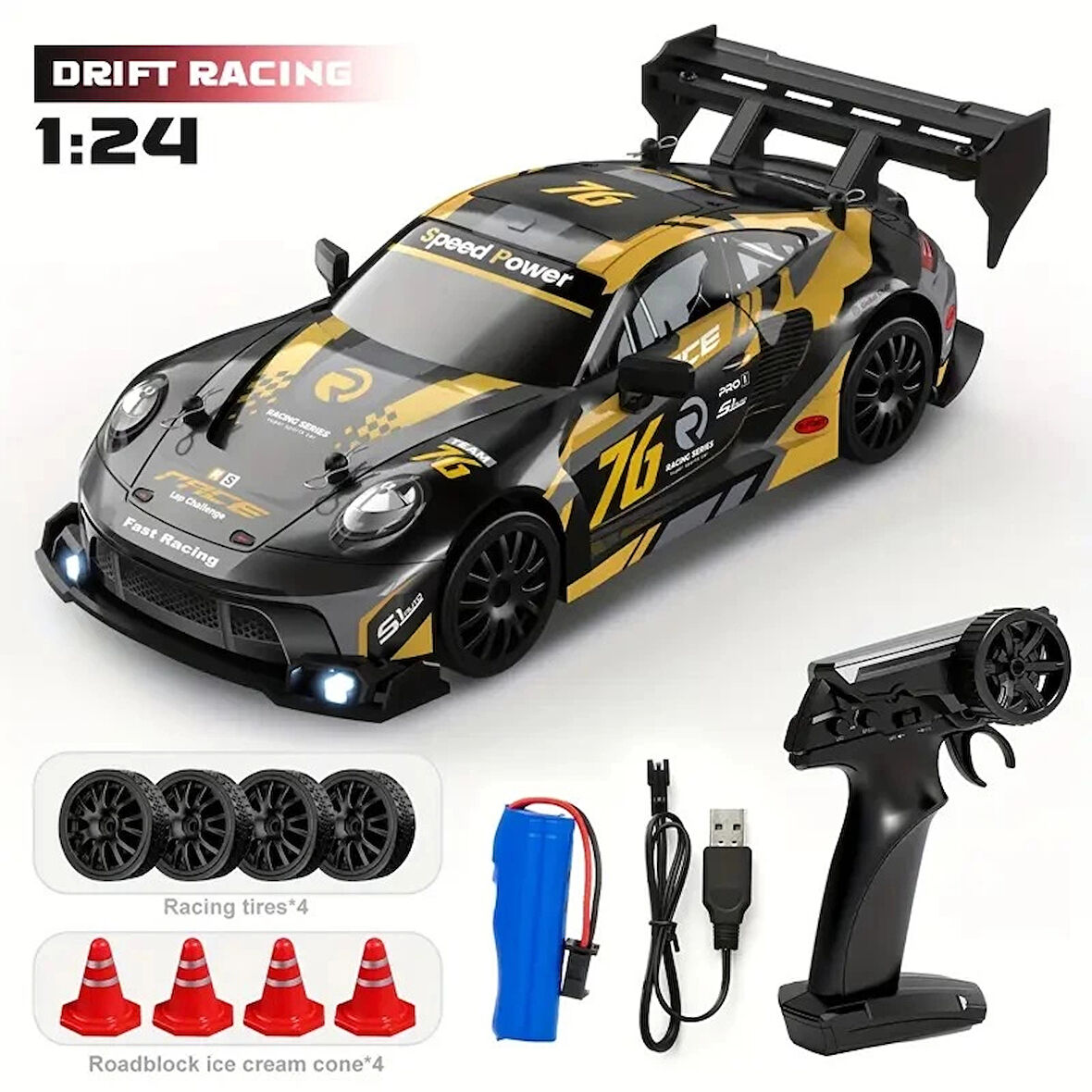 1:24 Ölçekli Drift RC Araba, 2.4G Uzaktan Kumanda Değiştirilebilir Lastikler, USB Şarj Edilebilir, Dayanıklı Plastik, 8+ Yaş Erkek ve Kızlar İçin İdeal - Doğum Günü ve Okula Dönüş Hediyesi