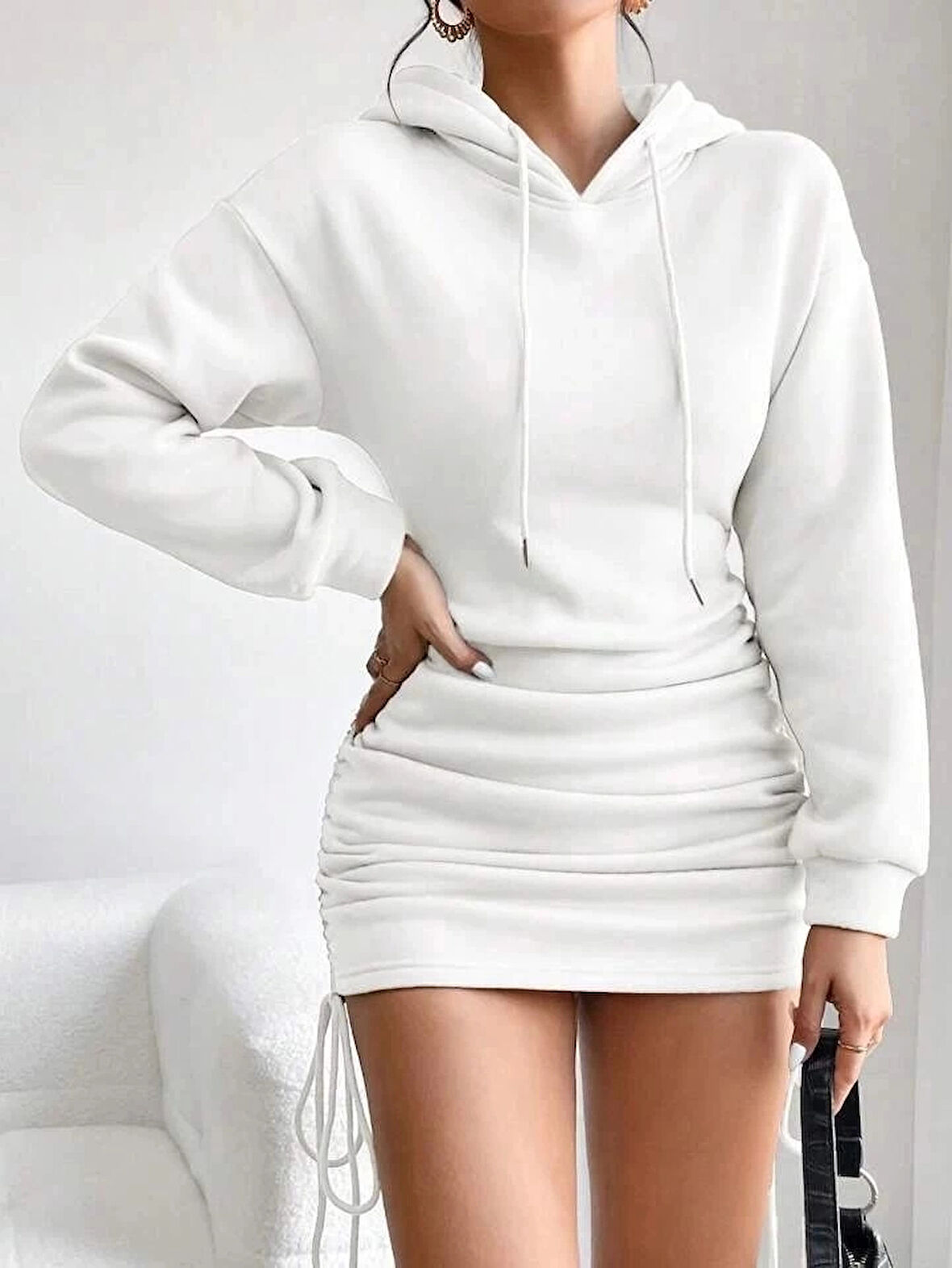 3 iplik şardonlu kompact kapşonlu elbise beyaz