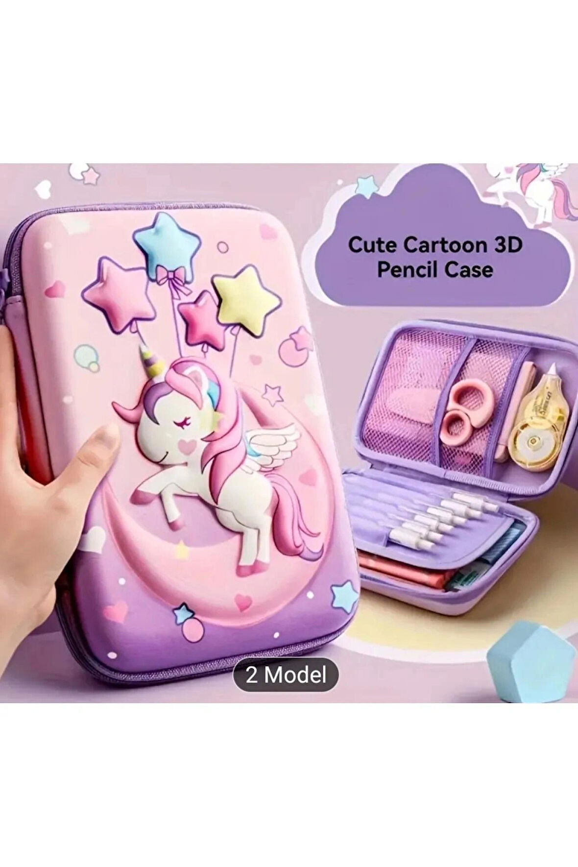 3D Sevimli Karikatür Su Geçirmez Kalem Kutusu Unicorn Çok Yıldızlı