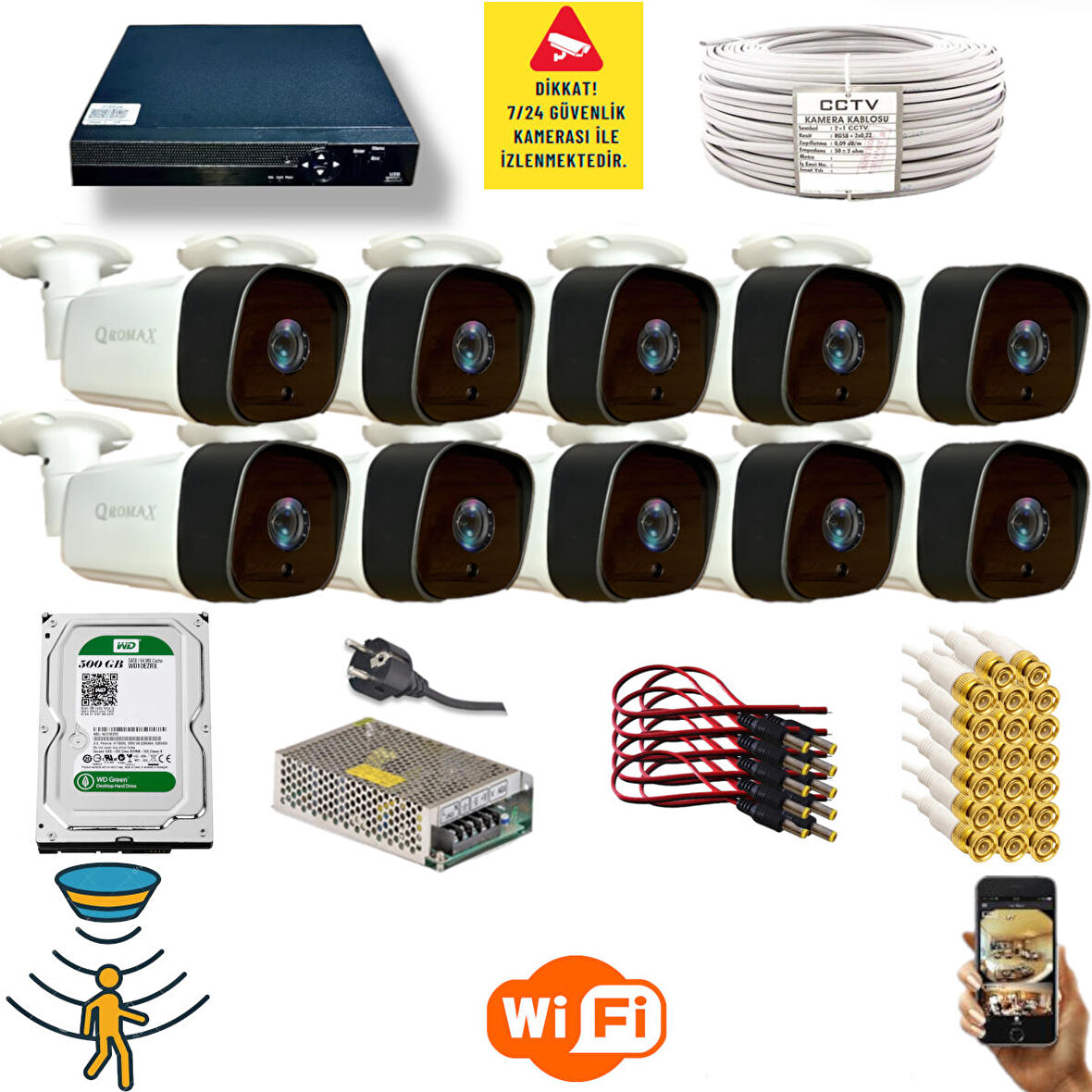 Qromax 10 Kamerali Set - Hareket Algilayan Gece Görüşlü 36 Ir Led 5mp Sony Lensli 1080p Full Hd Metal Kasa Güvenlik Kamerasi Seti 5236