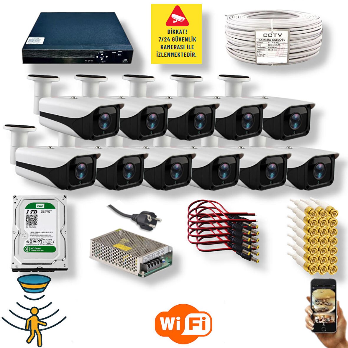 Qromax 11 Kameralı Set - Hareket Algılayan Gece Görüşlü 5 MP SONY Lensli 4 Array Ledli 1080P FULLHD Metal Kasa Güvenlik Kamerası Seti 3004